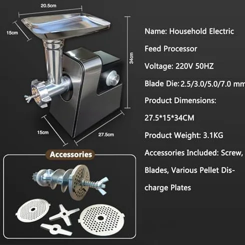 Molinillo eléctrico de pellets para alimentación de mascotas, cuchillas ajustables de acero inoxidable, 220 V, uso doméstico, fabricante de alimentos duradero para aves de corral, peces, pájaros y