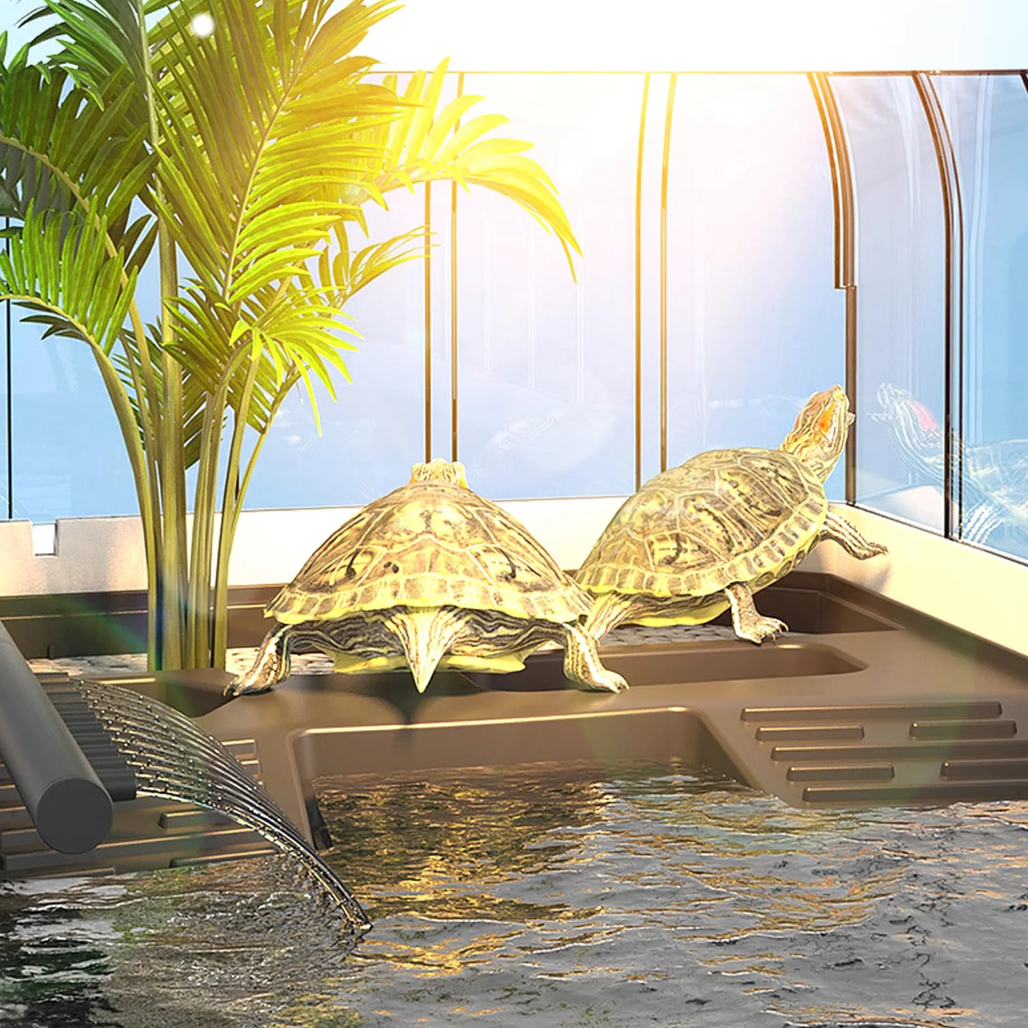 Acuario de tanque de tortugas con solárium, valla extraíble, 5 áreas para tomar el sol, alimentar, criar, hibernación, natación, extragrande