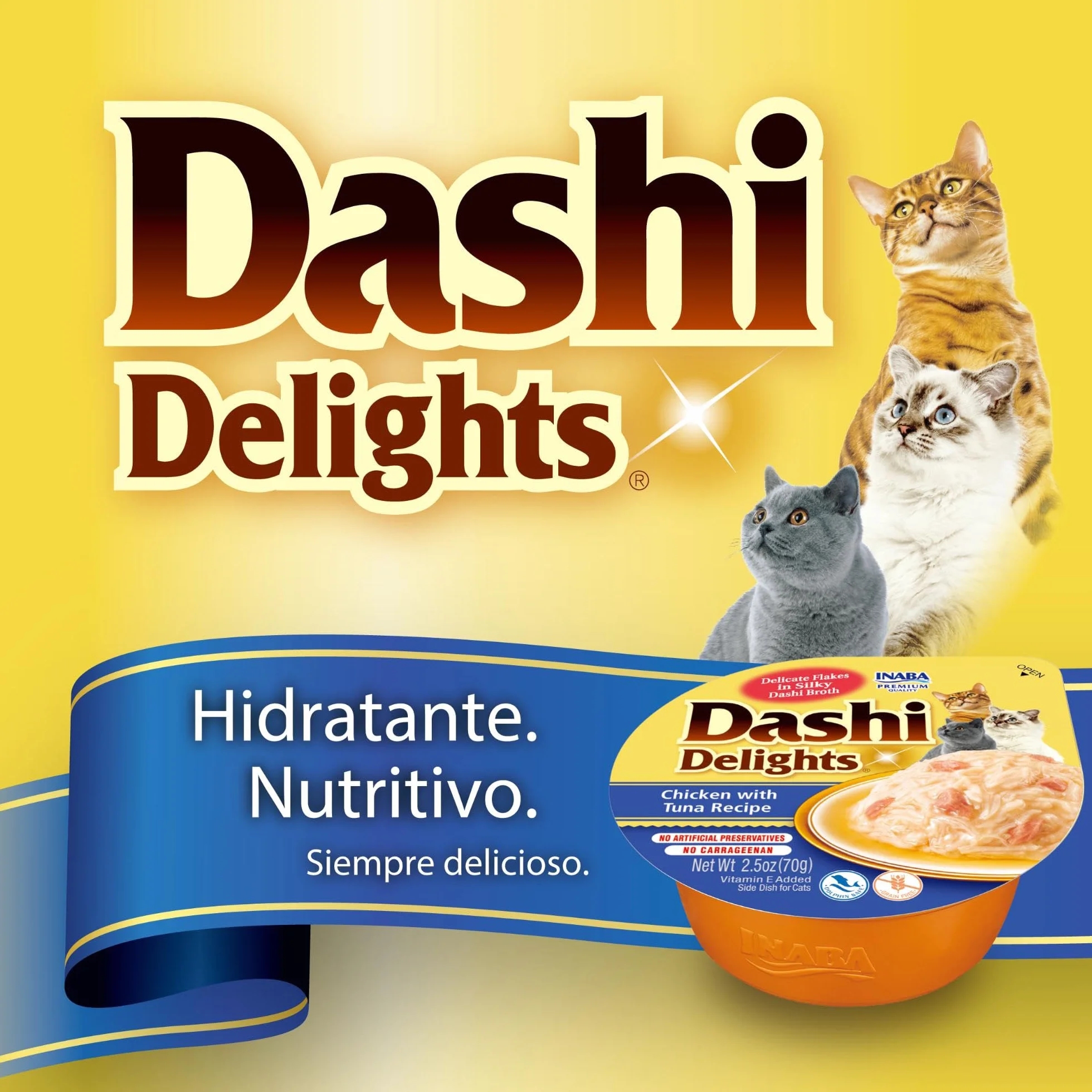 INABA Dashi Delights - Trozos en un Caldo de Copos de Bonito con Pollo - Topping - Alto Contenido en proteínas - Ingredientes Naturales - Comida para Gatos - 70 g