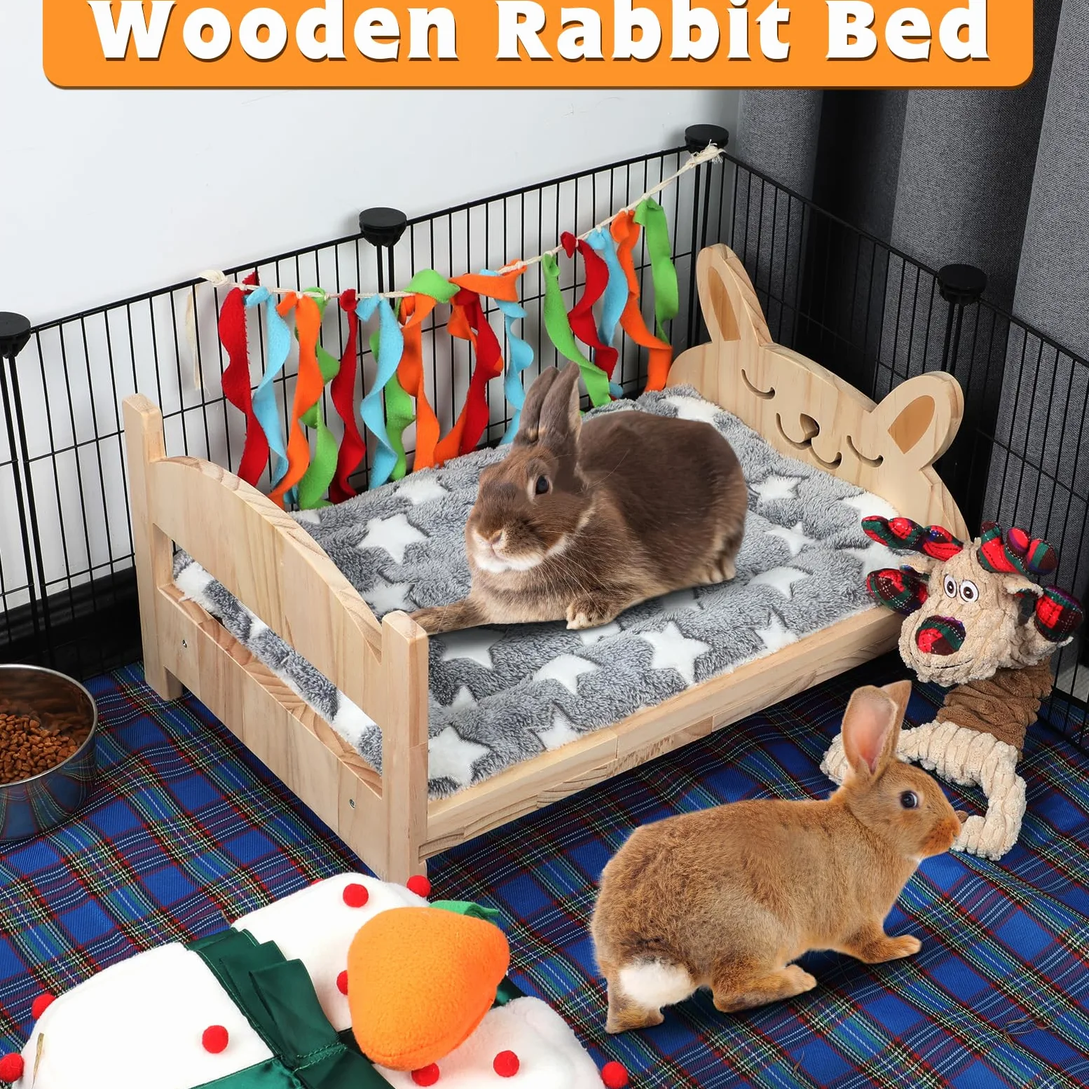 BWOGUE Cama grande de madera para conejos, cama plegable 2 en 1 para mascotas con cojín extraíble, cama de animales pequeños para conejos, conejos, cobayas, gatitos, cachorros, hábitat para dormir