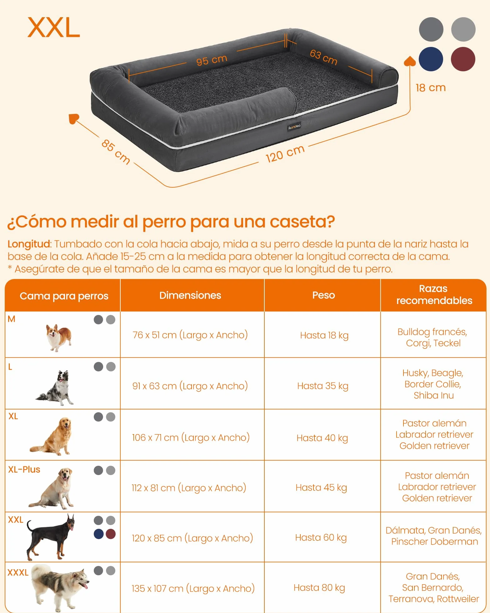 Feandrea Cama Ortopédica para Perros, Sofá, Cama para Mascotas, Acolchado Suave, Bordes Elevados, Funda Extraíble y Lavable, 122 x 85 x 20 cm, Antideslizante, Gris Osucro PGW078G01