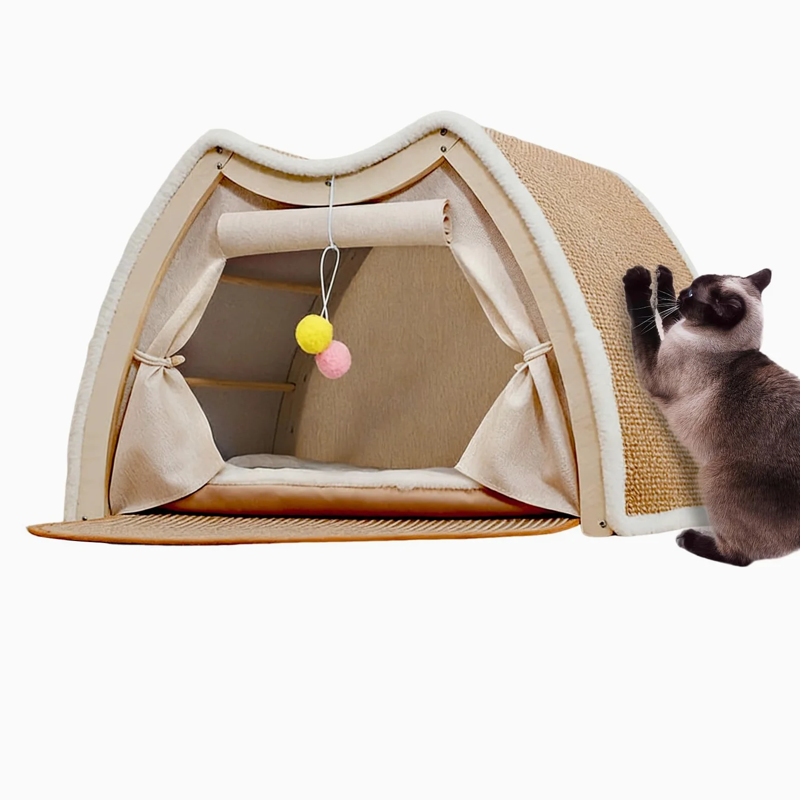 Tienda Cama Gatos Casa de Descanso y Juego con Rascador de Sisal | Villa Cálida De Gatos En Invierno en Interior del Hogar Dormitorio Habitación de Mascotas Suelo Invierno