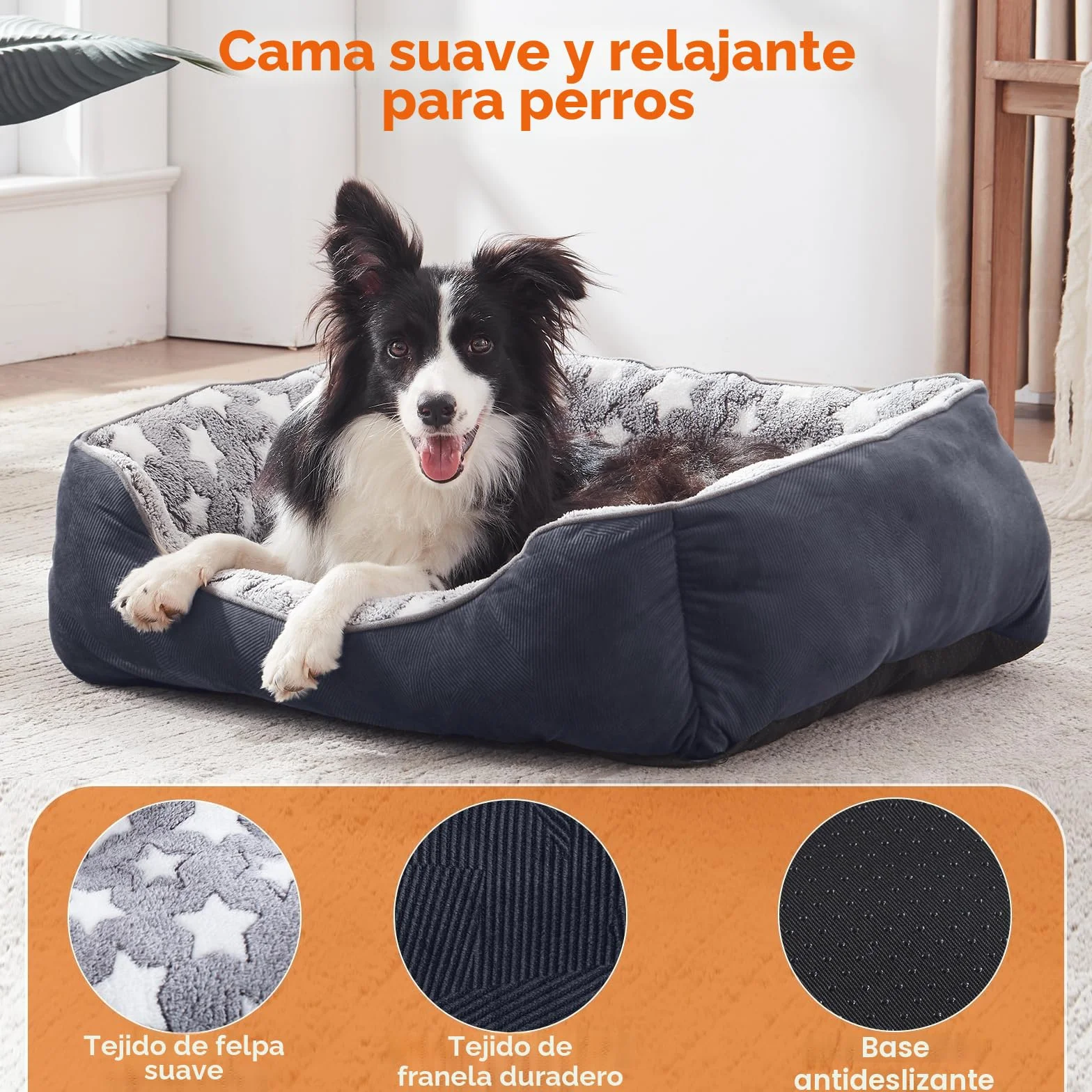 FURTIME Cama para Perros Medianos Antideslizante Antiestres - Colchon Lavable, Caseta, Cuna, Sofa - M(63x53x20cm) Negro