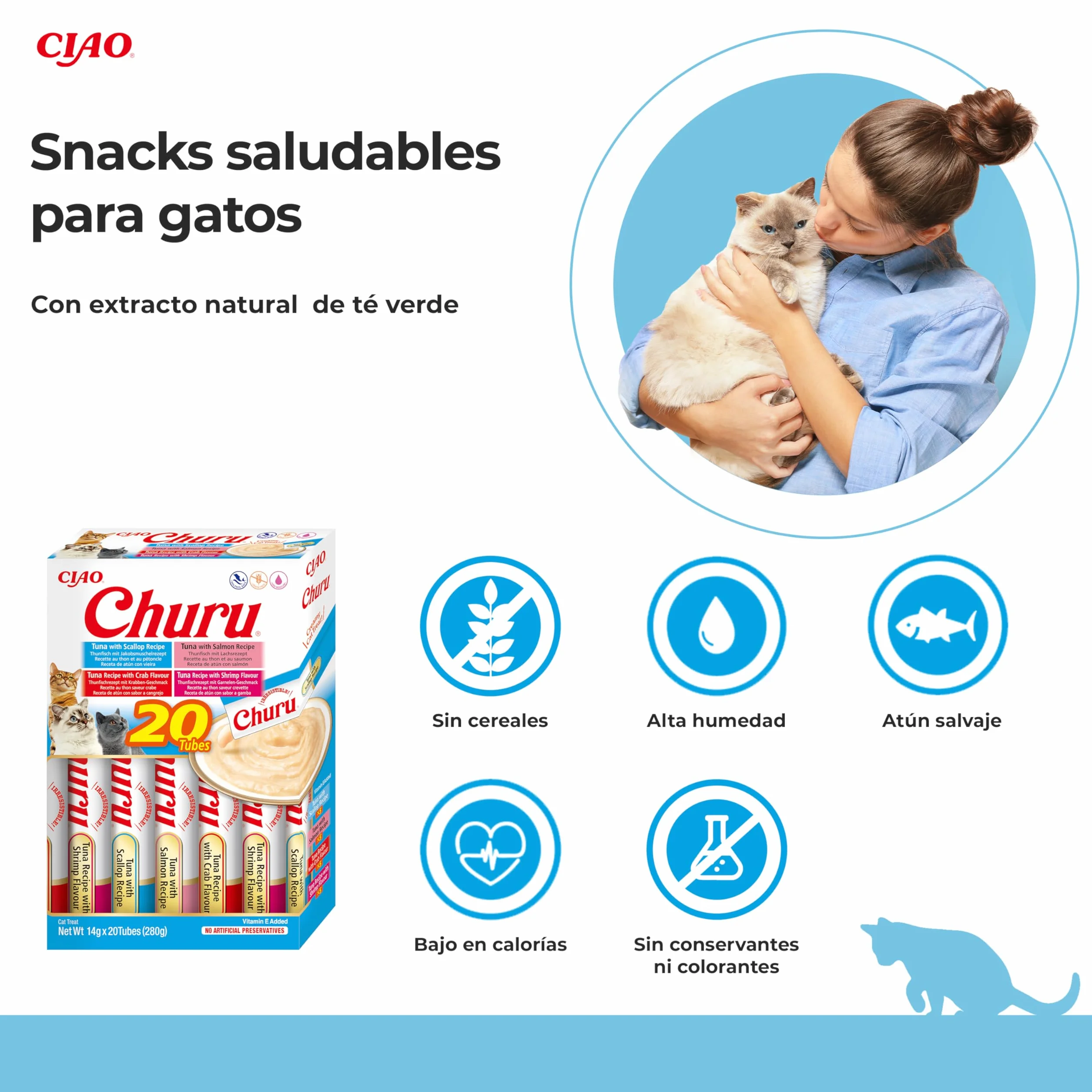 INABA Churu Gatos - 4 Recetas de Snacks Saludables a Base de Atún - Deliciosos Premios con Textura Suave y Cremosa - Natural, Sin Cereales, Sin Conservantes, Sin Colorantes - 280g (20x14g)
