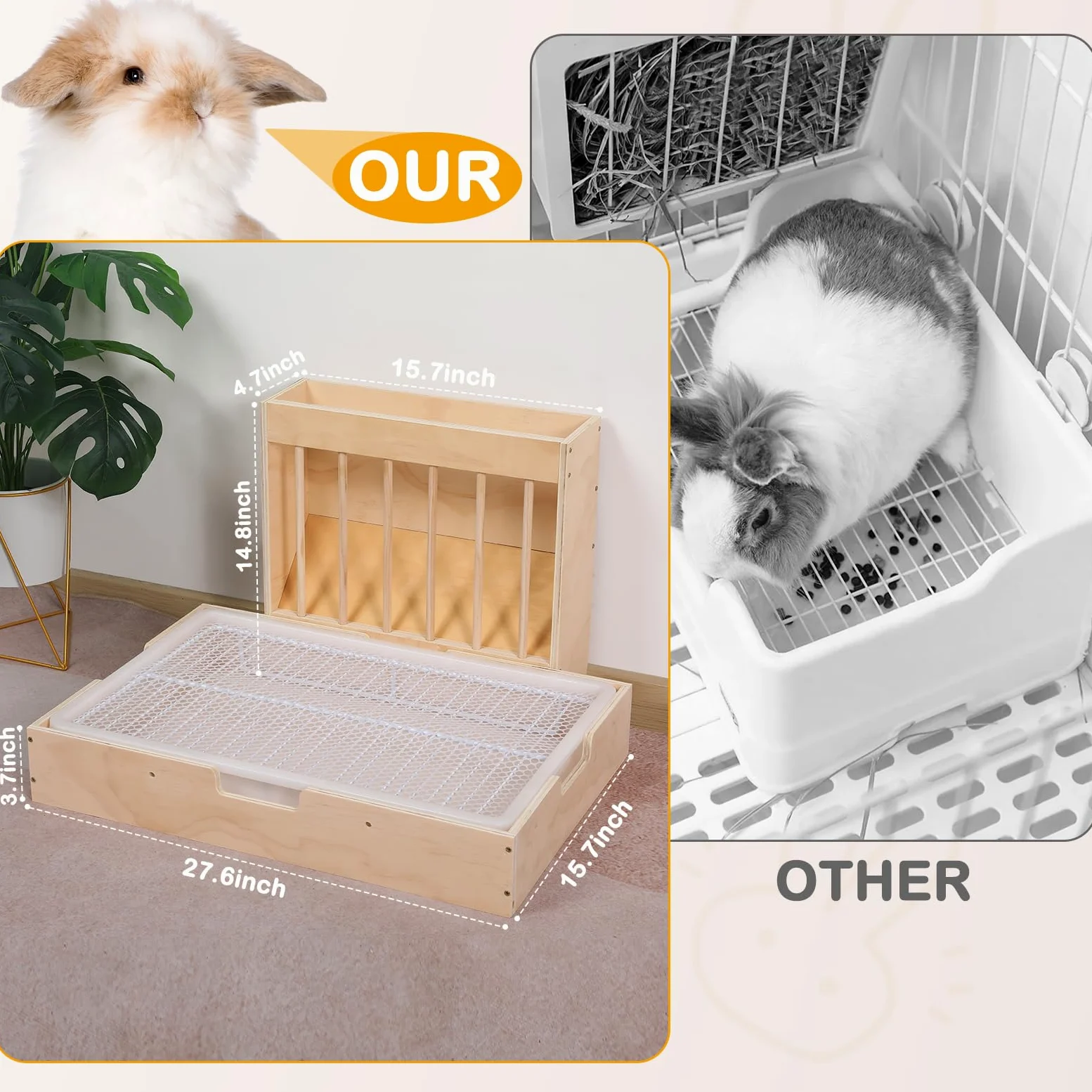 Juego de comedero de heno y caja de arena 2 en 1 extragrande para conejos, madera, a prueba de desorden, para cobayas, chinchillas, hámsters y conejos