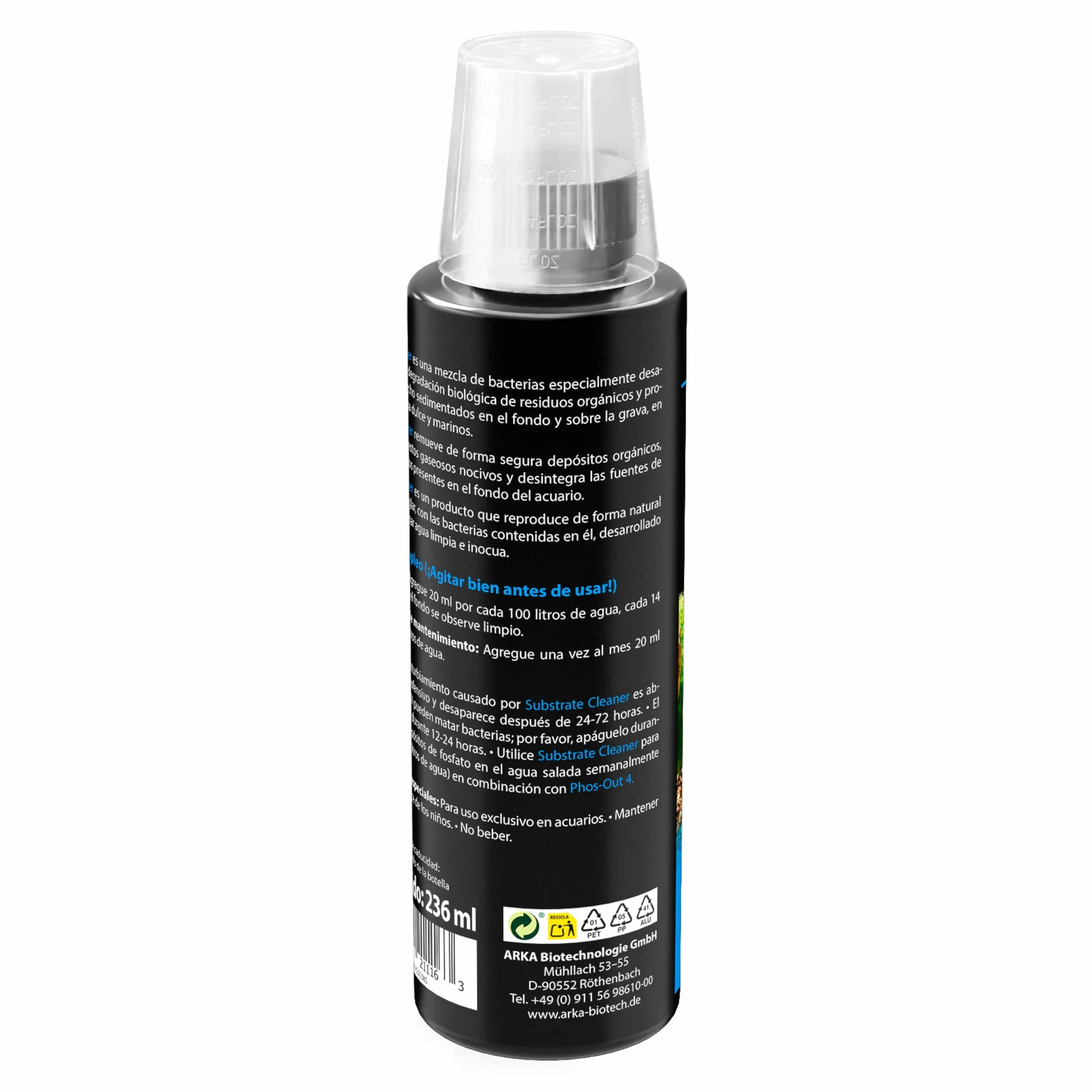 Limpiador Fondo Acuario 236 ml – ARKA Substrate Cleaner – 100% biológico con bacterias vivas – Elimina Lodo, restos y Suciedad – sin sifón ni Tubo – Agua Clara en Dulce y Marino