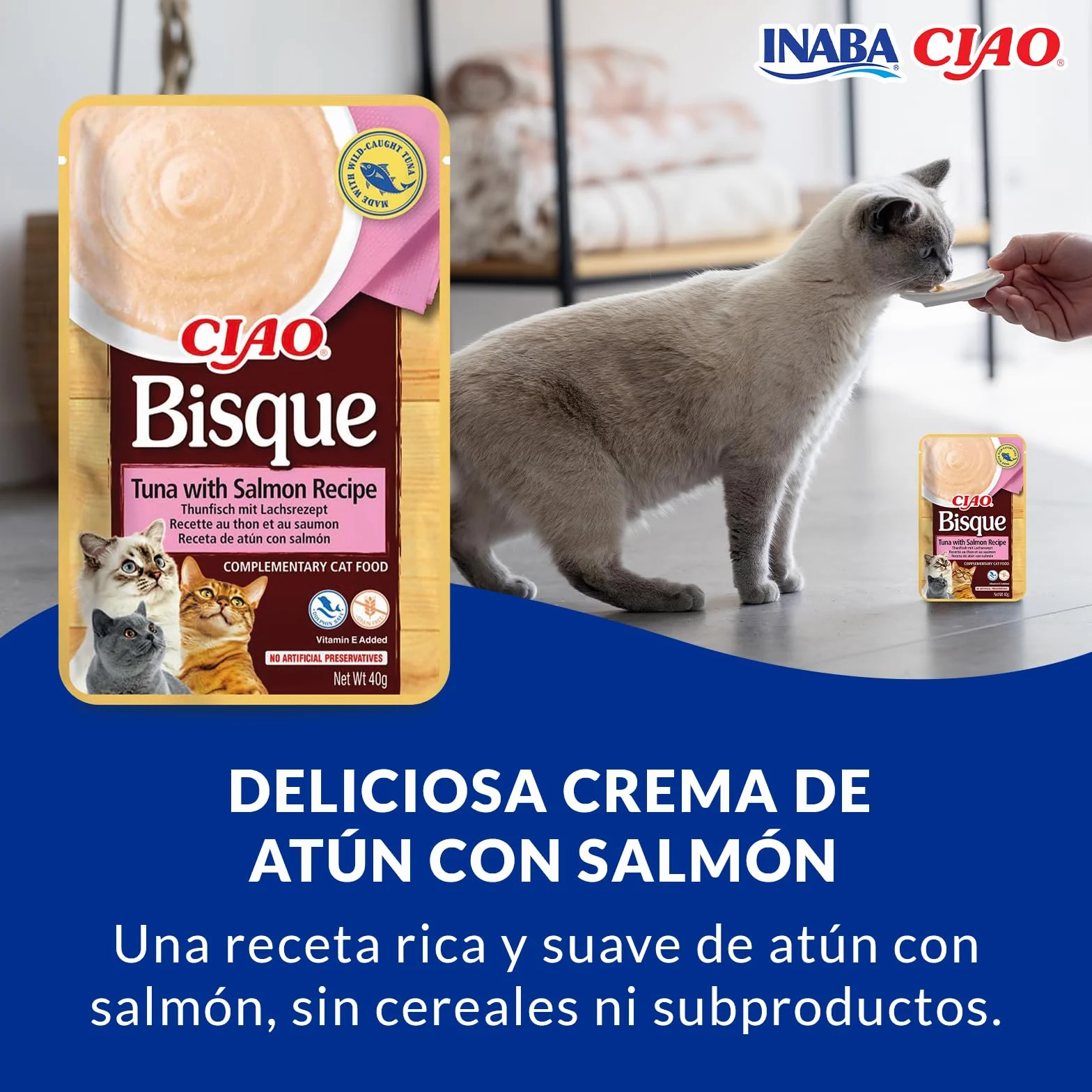 INABA Ciao Bisque - Puré Saludable para Gatos - Receta de Atún y Salmón - Snacks Saludables - Premios Sin Cereales, Sin Conservantes, Sin Colorantes - Sólo 16 Calorías - 40g