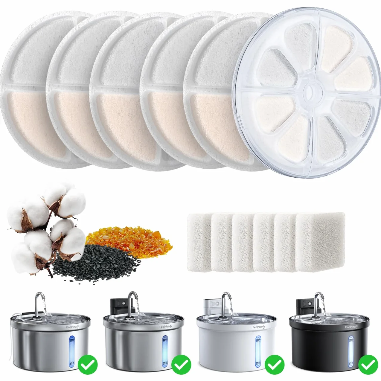 Filtro de Fuente de Agua 6 Piezas, FEELNEEDY Filtros de Repuesto para Fuente Agua de Gato 3,2L & 3,5L, Carbón Activado de Algodón & Resina con Ttriple Filtración