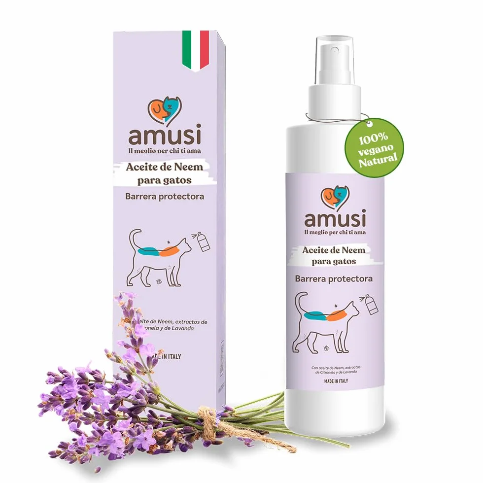 Aceite de Neem Spray para Gatos de Amusi 100 ml Made in Italy 100% Natural y Vegano | Spray Gatos antipulgas - contra Insectos y Pulgas - contra Garrapatas, Mosquitos, Moscas, Ácaros y Piojos