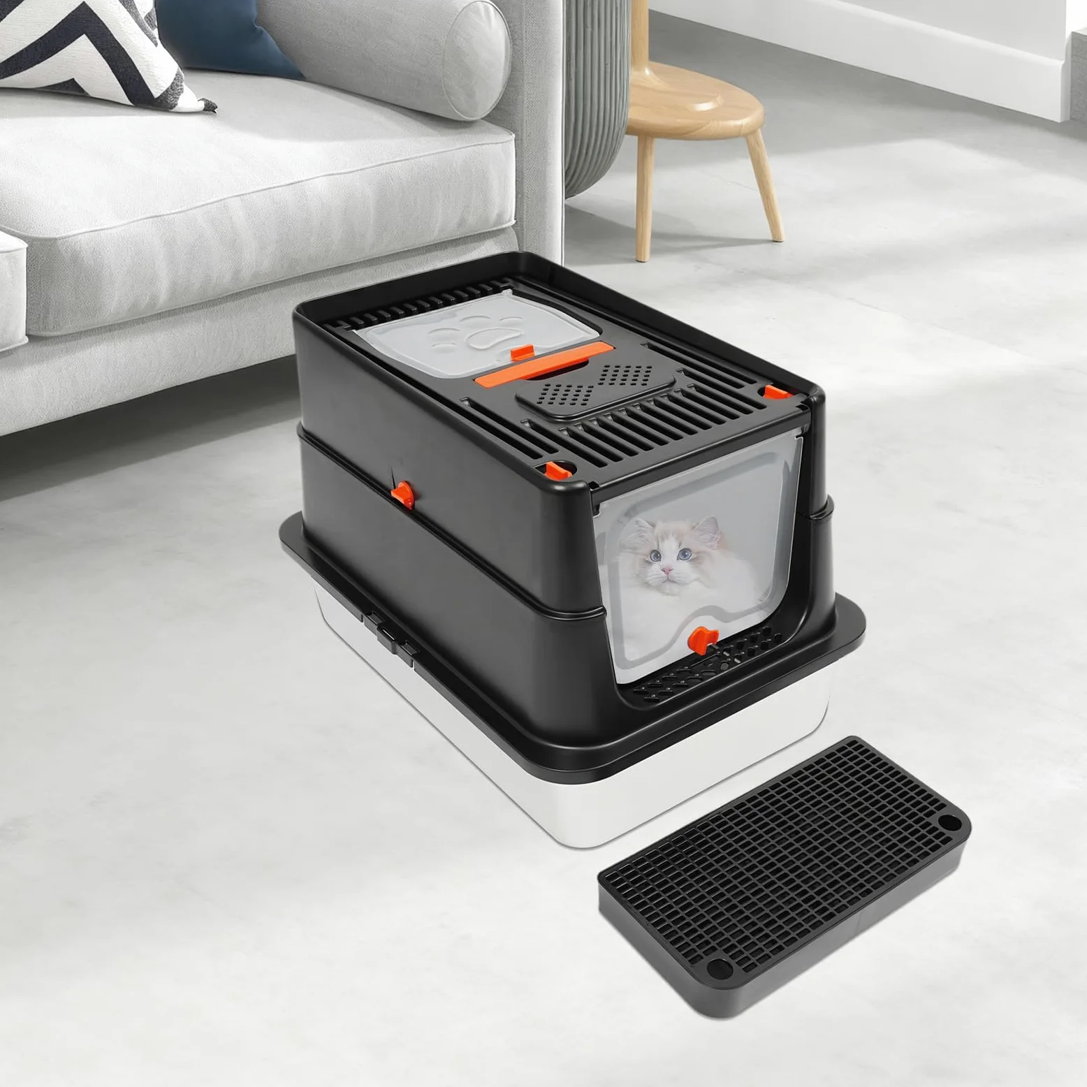 Caja de arena cerrada de acero inoxidable con tapa, caja de arena para gatos con pala, pedal de basura y almohadillas de agarre con apertura en forma de U, adecuado para gatos de hasta 15 kg (negro)