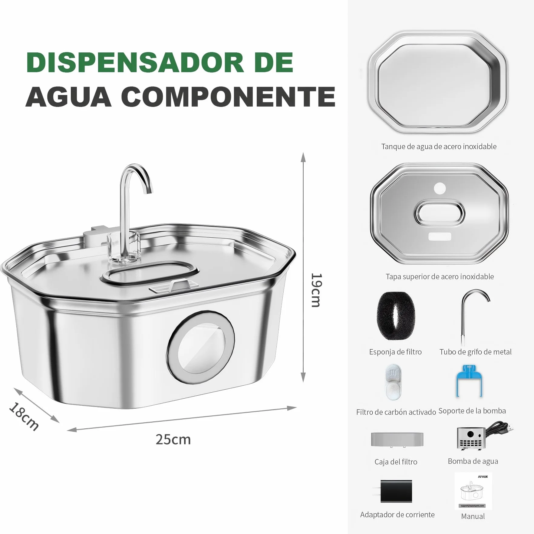 Apauk 3.2L Fuente para Gatos Acero Inoxidable, Bebedero Gatos, Silencioso Fuente de Agua para Gatos y Perros pequeños, con Ventana LED, Sistema de Filtro Multicapa(2 Filtros & 2 Esponjas)