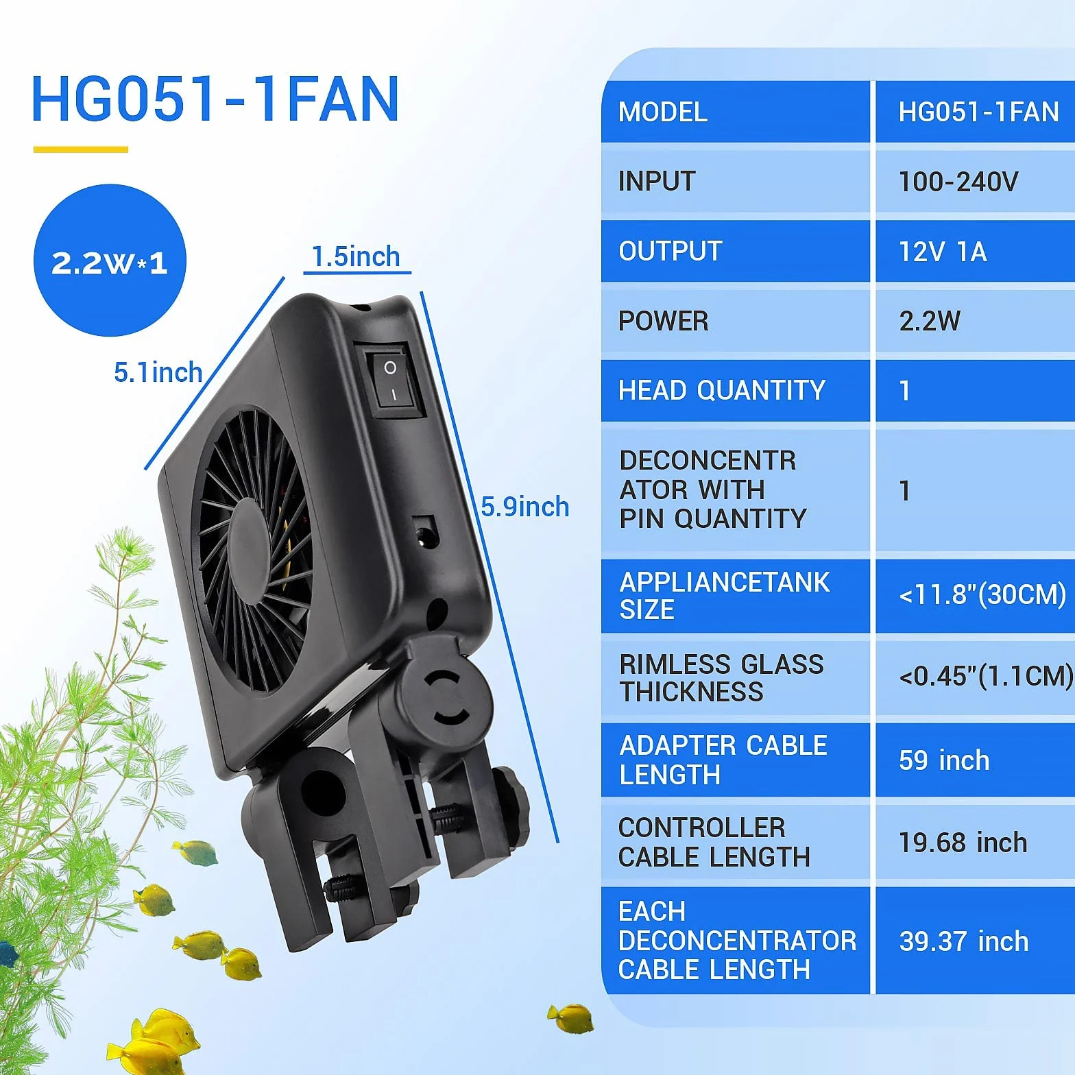 Hygger Ventilador de Acuario, Enfriador de Acuario, Ventilador Acuario Silencioso con Control de Velocidad Ajustable, Adecuado para Piscinas de Agua Dulce de hasta 30cm (1 Ventiladores)