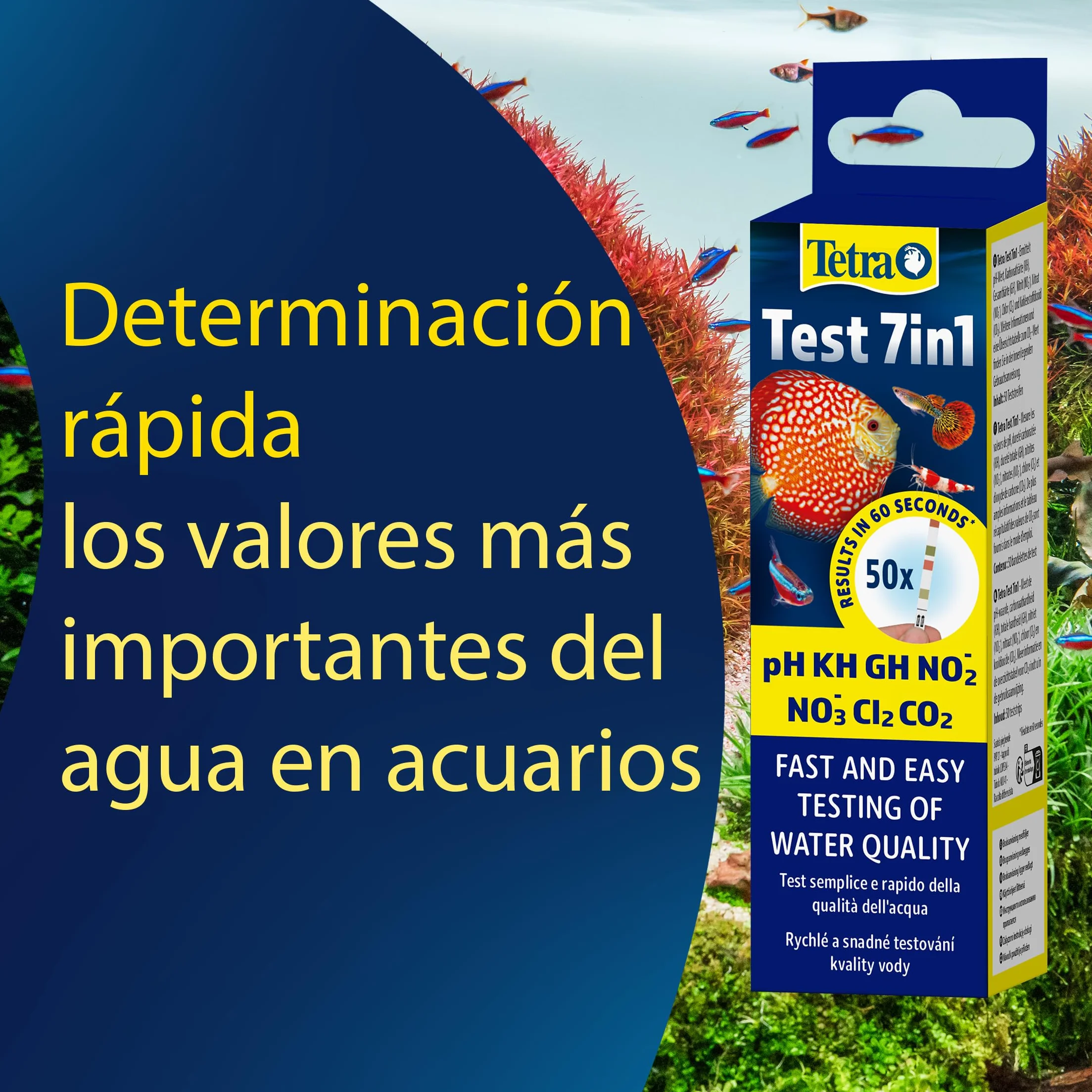 Tetra Test 7in1 - Test de agua para acuarios, control rápido y sencillo de la calidad del agua, 1 paquete (50 tiras reactivas)