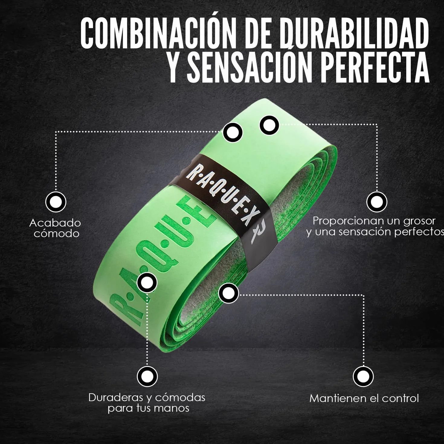 Raquex Grip Autoadhesiva para Raqueta: Pádel, Tenis, Bádminton, Squash - Pegajoso, Duradero, Absorbente, 14 Colores