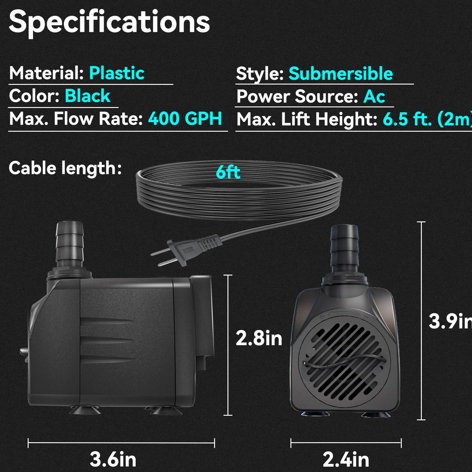 Bomba sumergible de 400 GPH de apagado automático (1500 L/H 25 W) bomba de agua de fuente ultra silenciosa con elevación de 6.5 pies de alto, 3 boquillas para acuario, pecera, estanque,