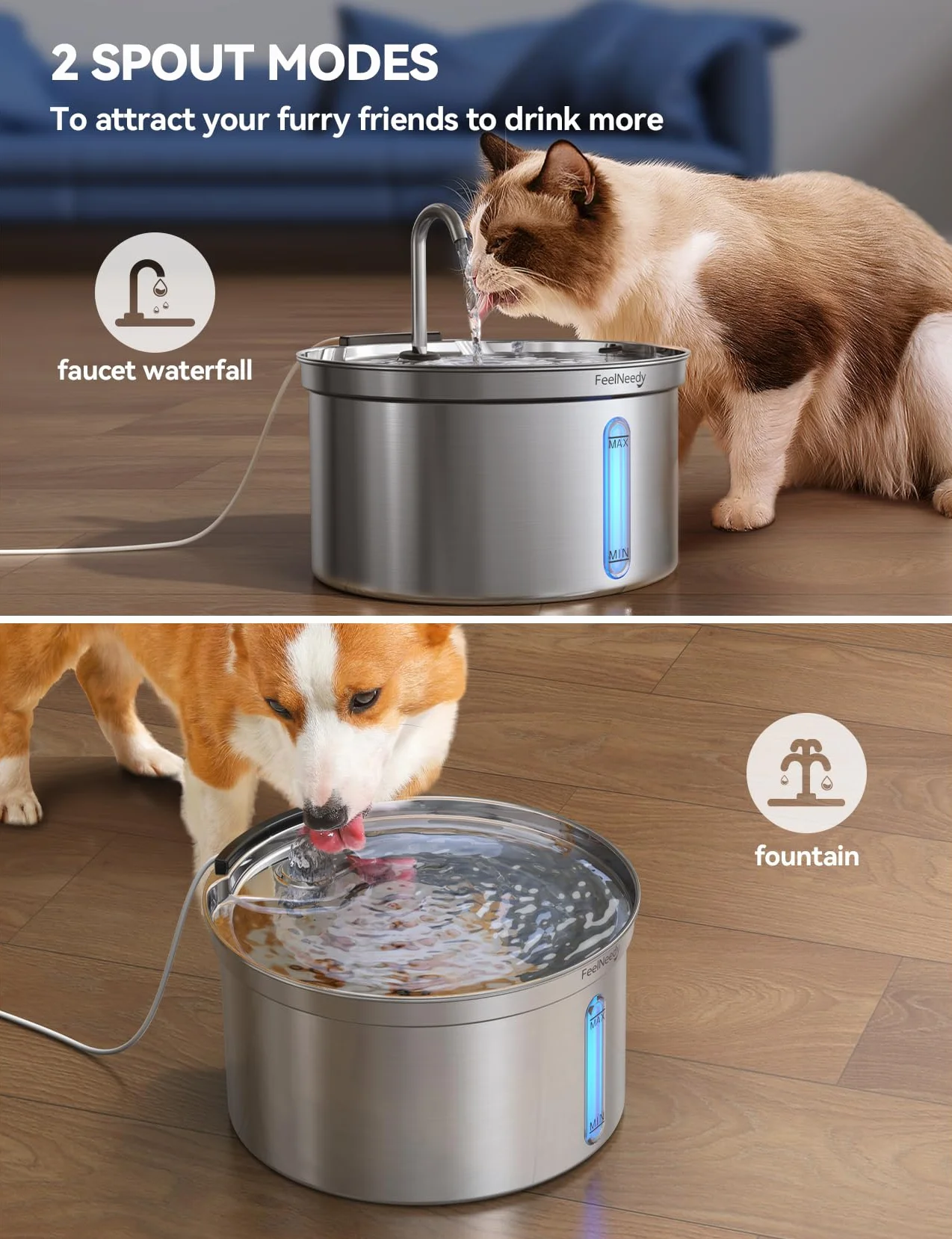 Fuente de Agua para Gatos Acero Inoxidable 304, FEELNEEDY 3,5L Bebedero Gatos Automática diseño de Grifo, Fuente para Mascotas Silenciosa, Multi-Filtración, con 3 Filtros y 1 Cargador USB 5V 1A