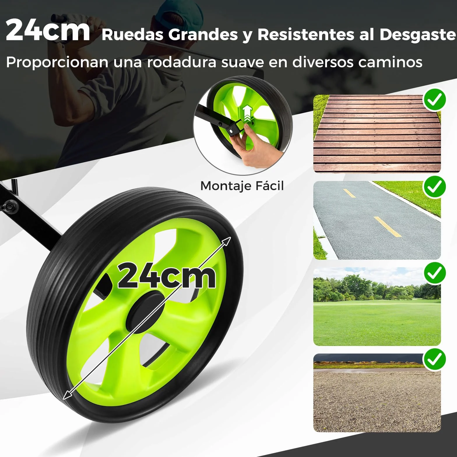 GYMAX Carrito de Golf Plegable 2 Ruedas con Correa Ajustable