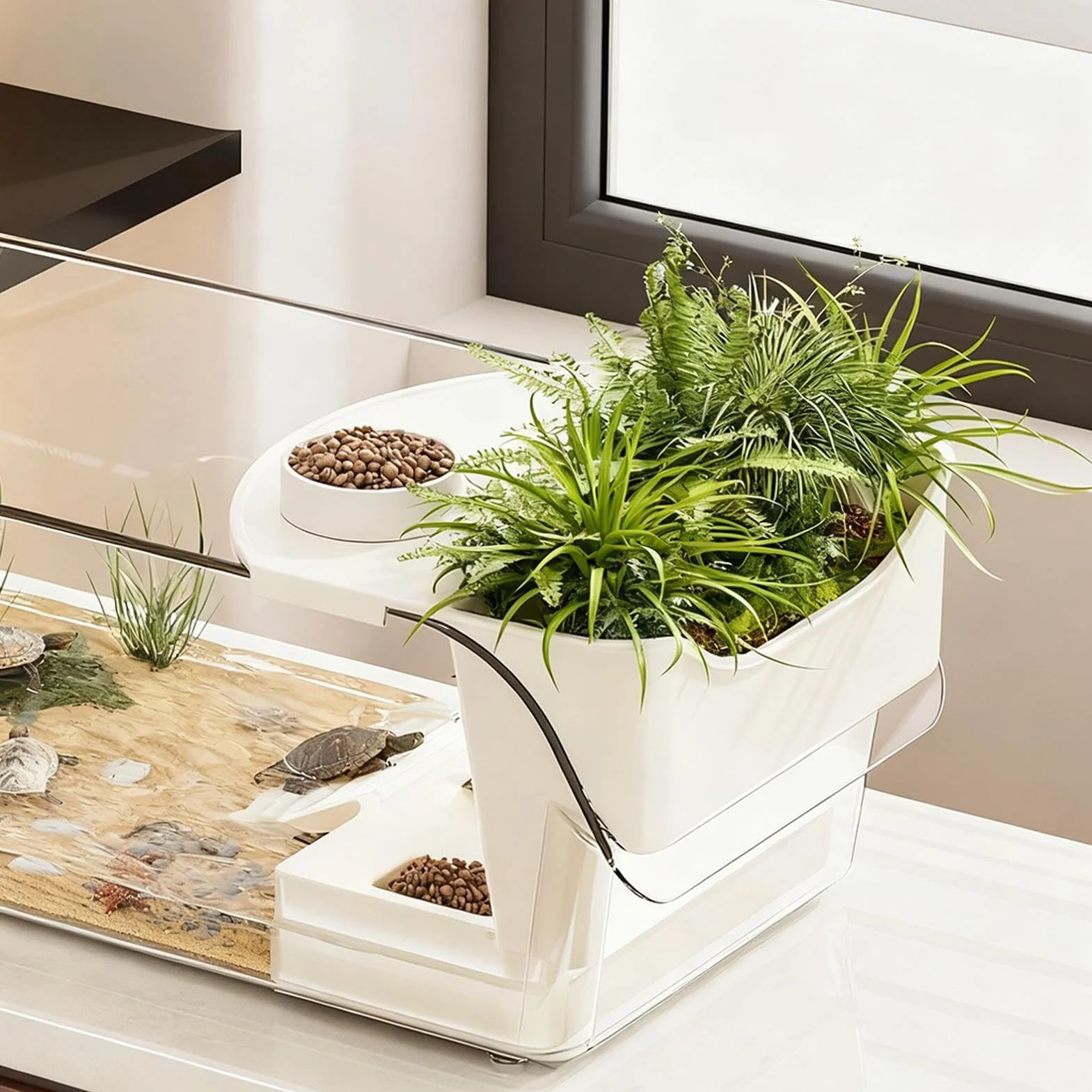 Terrario de tortugas, gran terrario con plataforma solar, de reptiles de agua, tanque de tortugas, para ranas de árbol, salamandras, cangrejos de río, animales pequeños, interior salón