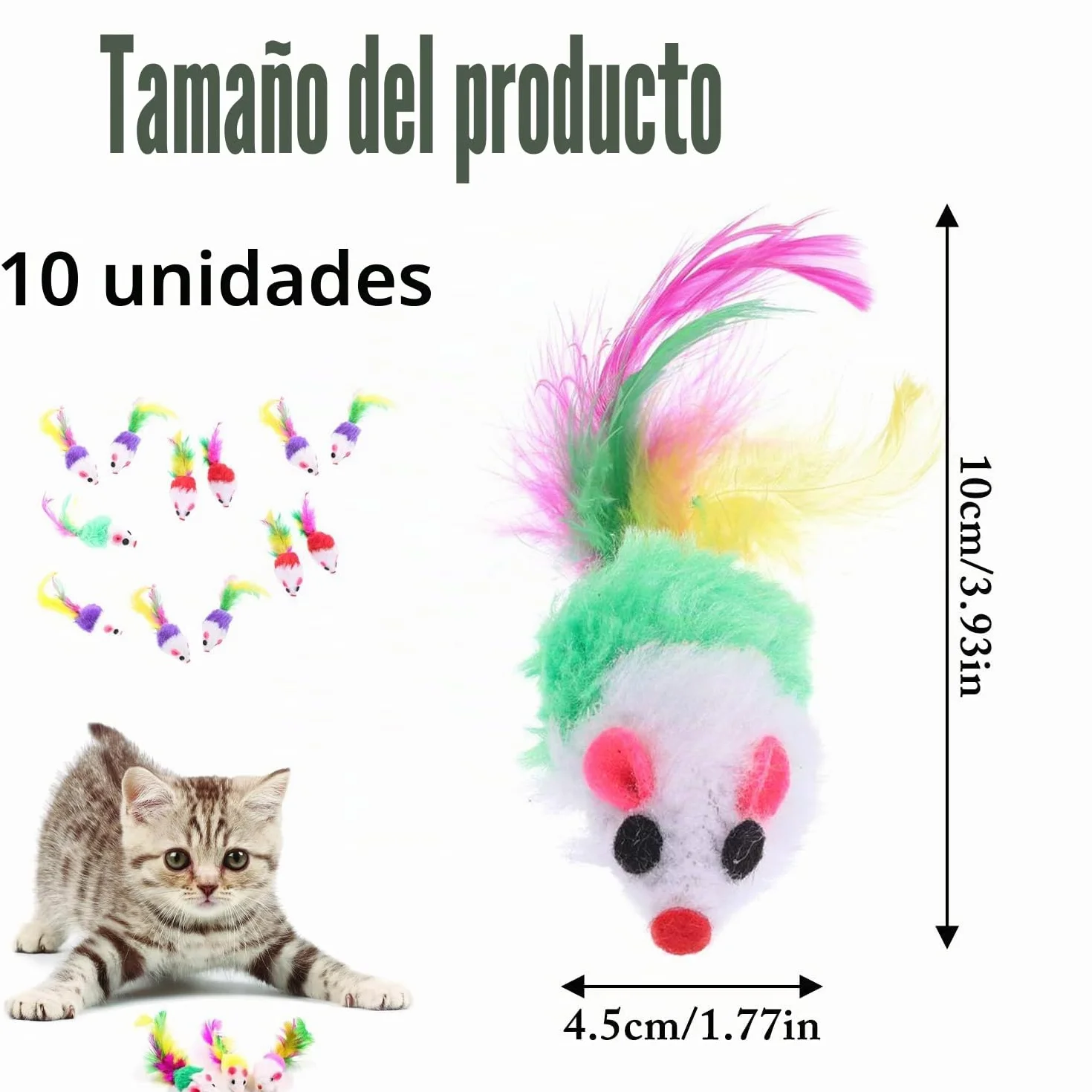 10 Piezas Interactivo Peludo Juguetes Gato Ratones para Gatos Ratón Sonajero Plumas para Gatos Mascota(Colores Variados)