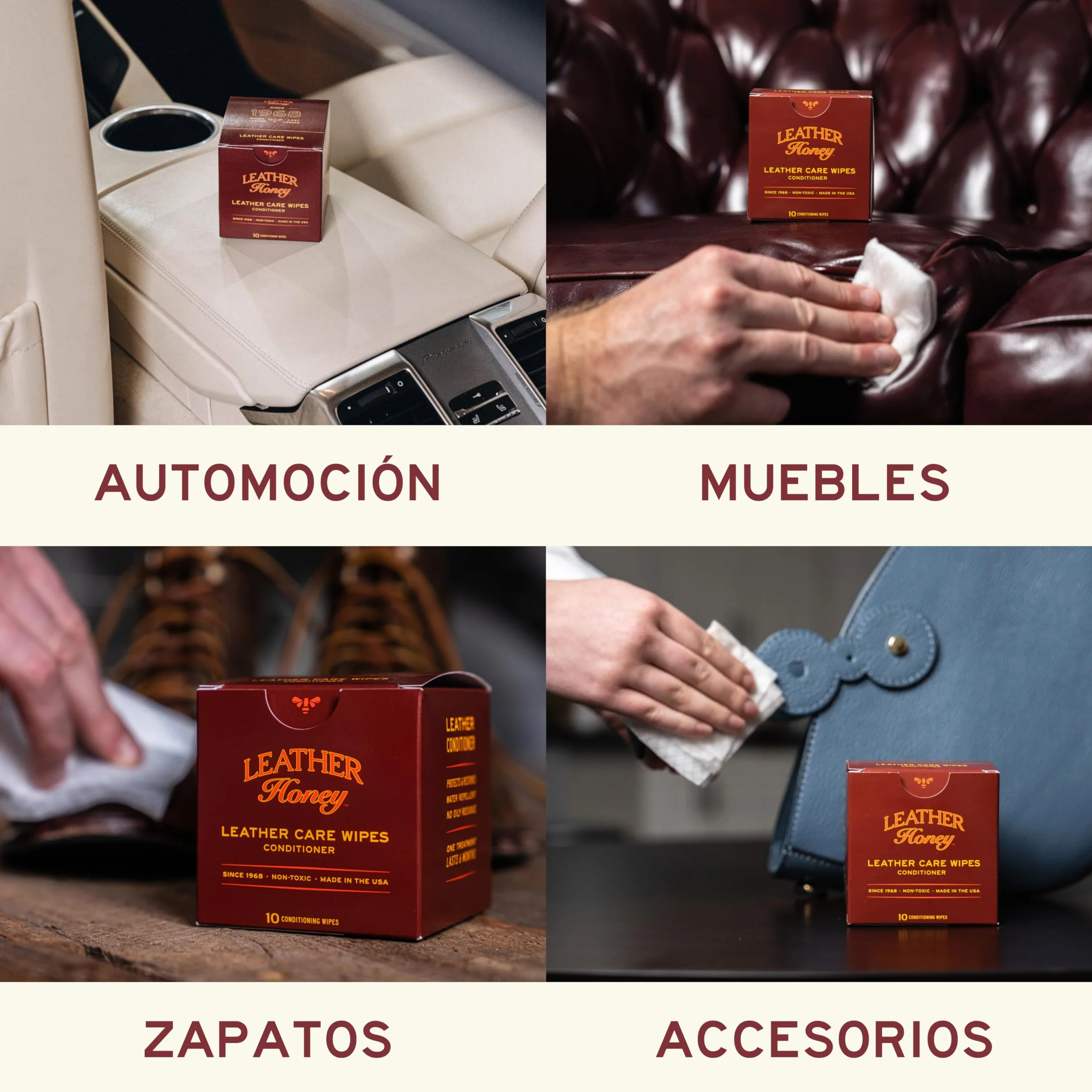 Leather Honey Toallitas acondicionadoras: Repara el cuero sobre la marcha. Protege y acondiciona sofás, asientos, bolsos, zapatos, mochilas y accesorios. 10 toallitas inocuas y listas para usar
