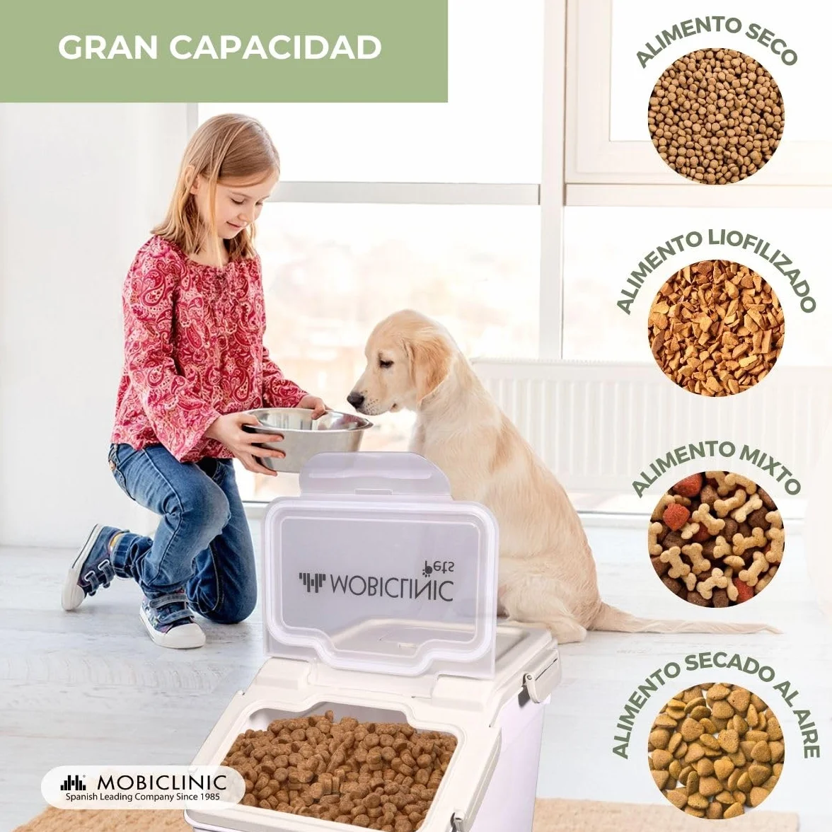 Mobiclinic®, Contenedor Pienso, Pala y Vaso Medidor, Capacidad 20 L/8 Kg, para Mascotas, Cierre Hermético, 23x25,5x36,5cm, con Ruedas, Ventana Transparente, Preservación de Frescor, Feedpet