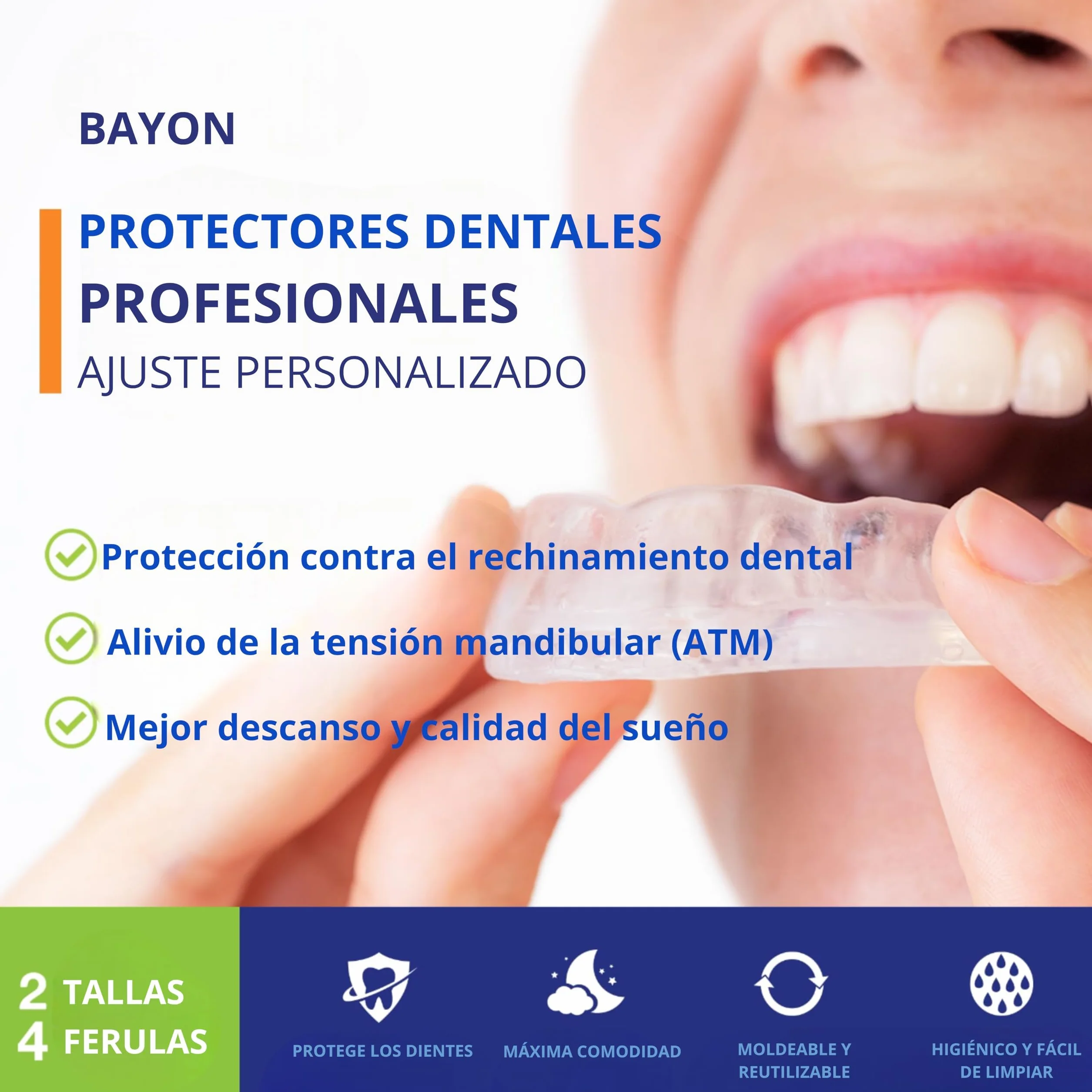 Férula Dental Anti Bruxismo Ajustable y Reutilizable – Pack 4 Unidades (2 Pequeñas + 2 Grandes) Protector Bucal para Dormir