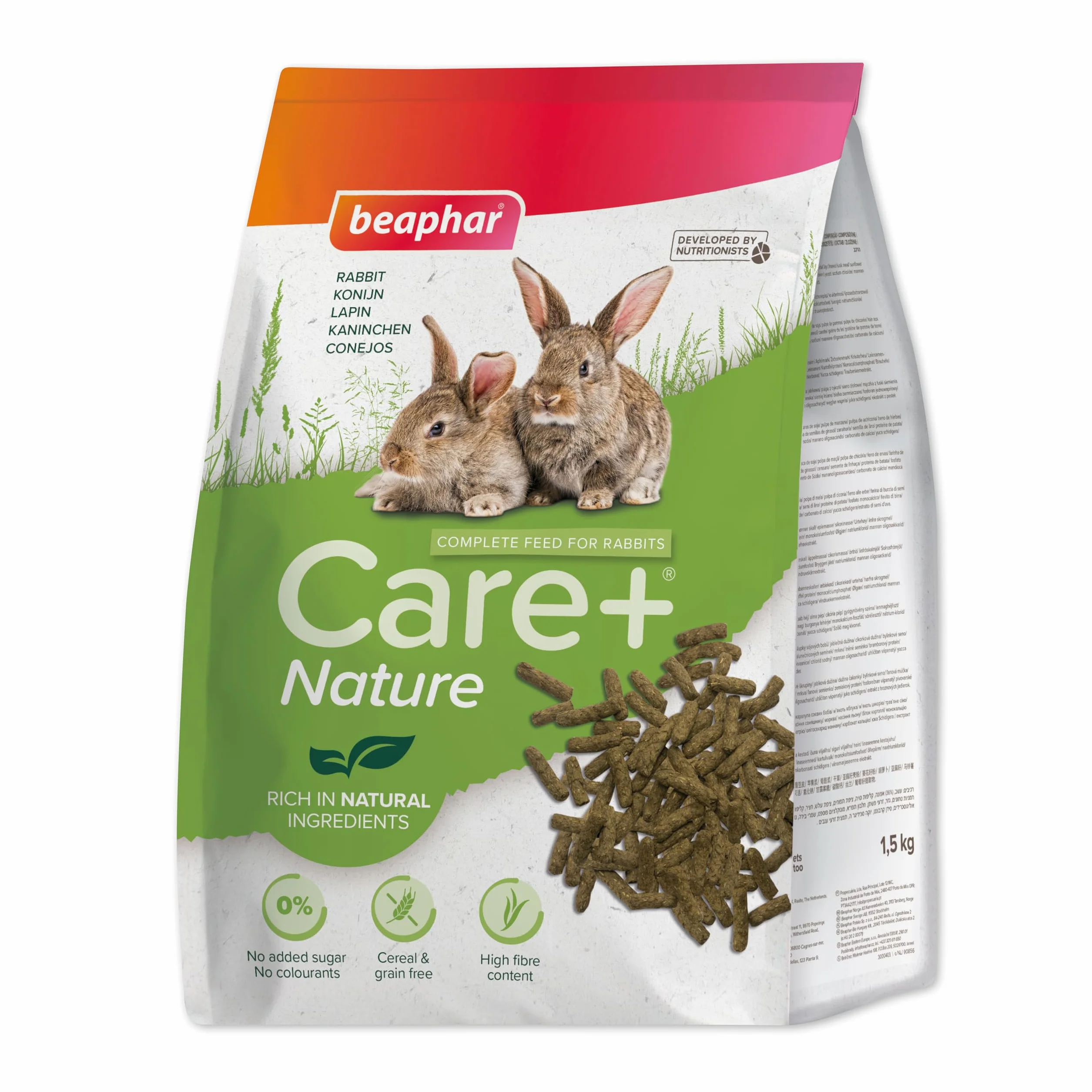 Beaphar Care+® Nature Conejo - Alimento Natural para Conejos sin Cereales, Rico en Fibra y heno Timothy - pellets Todo en uno - 1,5 kg