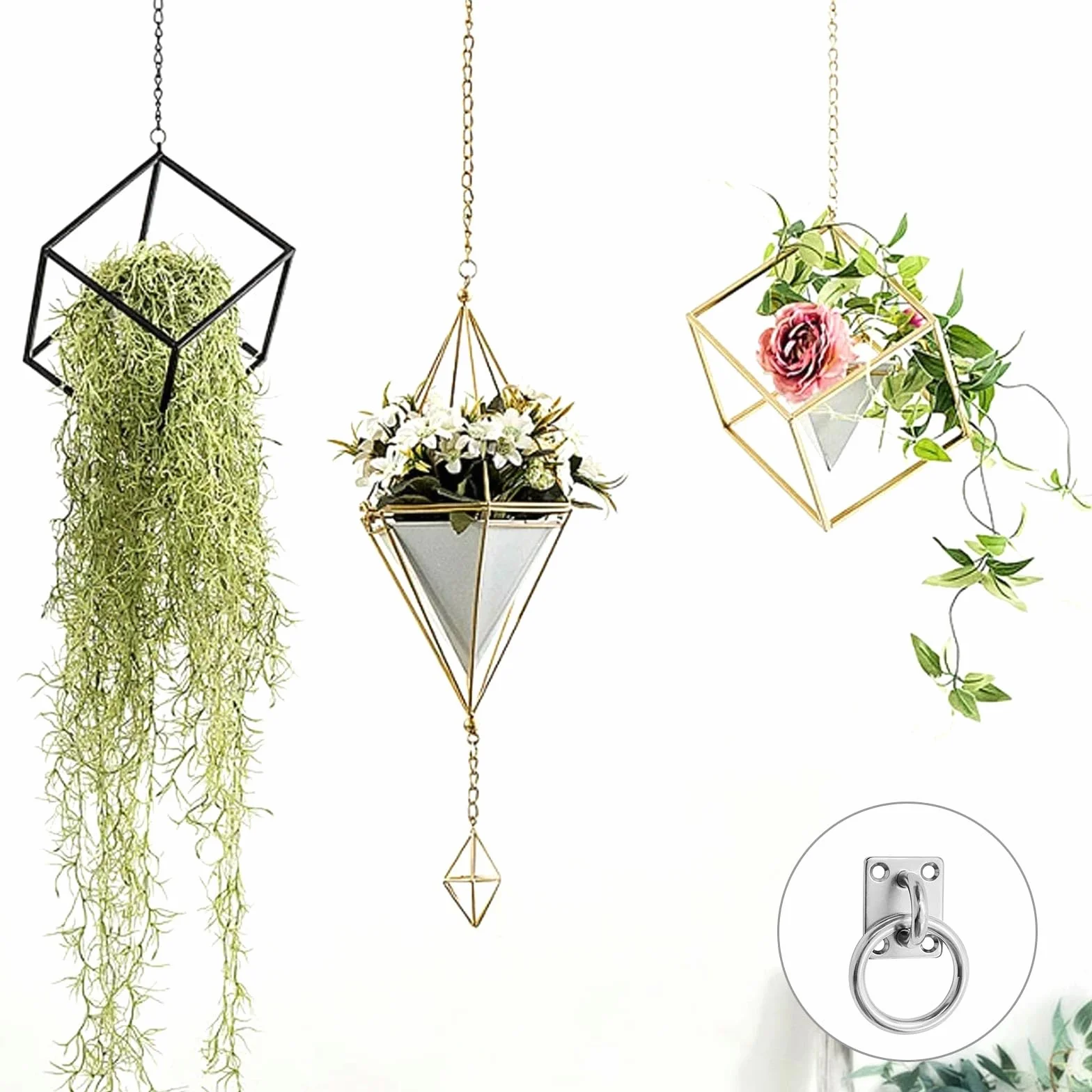 PARFCO Ganchos Anclaje Pared, 4 Piezas 304 Acero INOX Anillo para Atar Caballos, Ojal 5 mm, Cuadrado Argollas para Pared, con Tornillos y Tubo Expansión, para Columnas Madera, Paredes, Techos