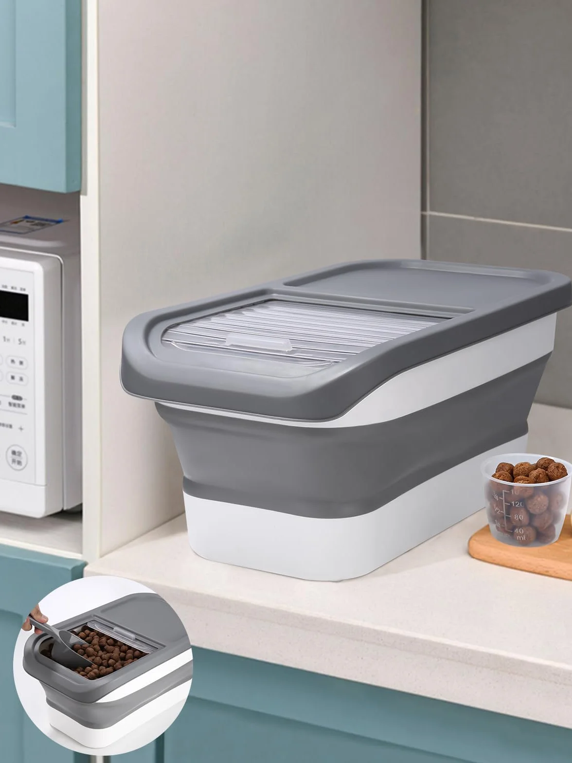Zawaer Contenedor de Comida para Mascotas 5KG, Pienso Perro Gato Plegable Cubo Caja Almacenamiento Comida con Pala y Taza Medidora