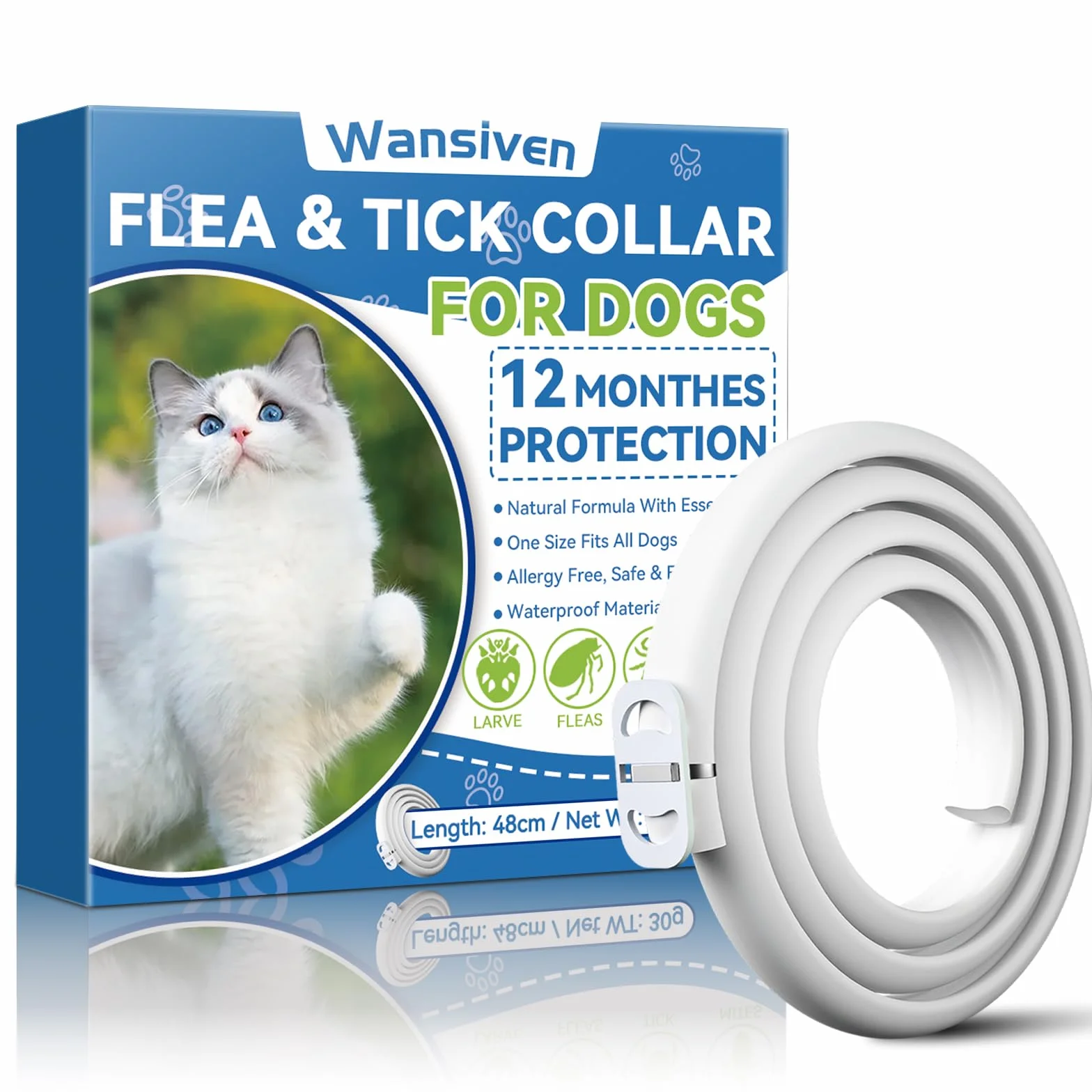 Wansiven Collar antipulgas para Gatos, 12 Meses de protección contra pulgas, 48 ​​cm, Ajustable, Impermeable, antipulgas y garrapatas, Ideal para Gatitos, Gatos medianos y Grandes