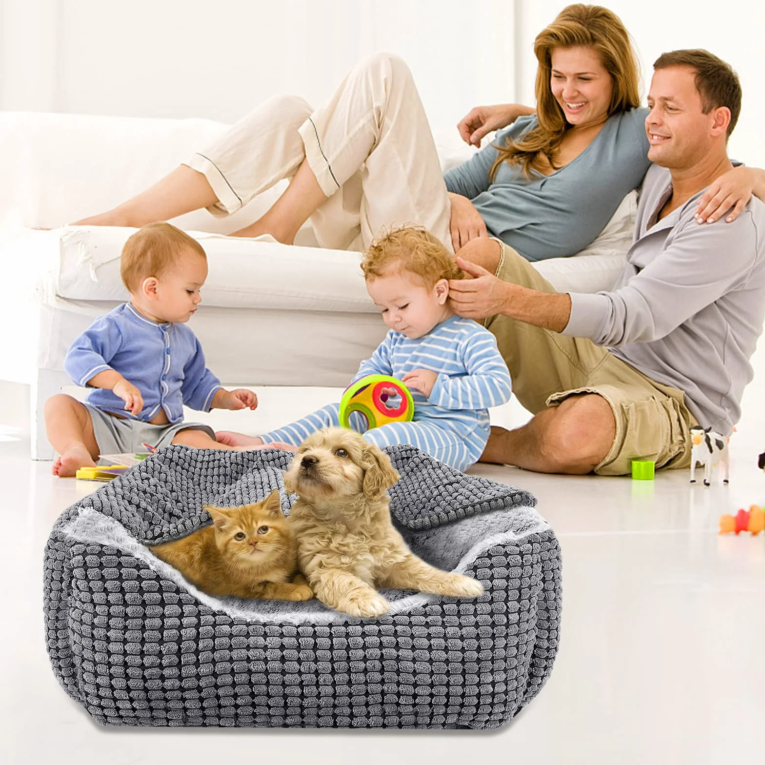 JOEJOY Cama para perros de tamaño mediano, cesta para perros con manta extraíble, cama para perros de pana mullida, lavable, antideslizante, sofá para perros con borde alto, cabe hasta 14 kg mascotas