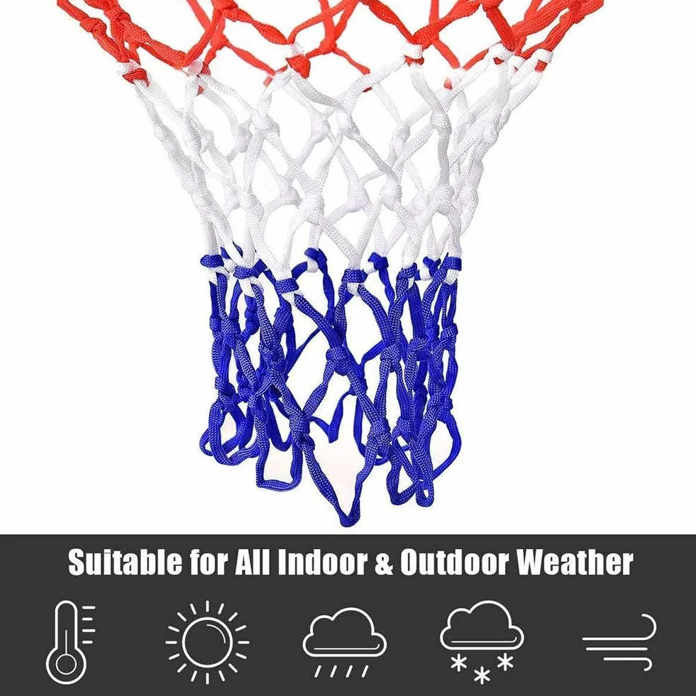 Red de repuesto para canasta de baloncesto de nailon trenzado tricolor rojo/blanco/azul, 12 pasadores