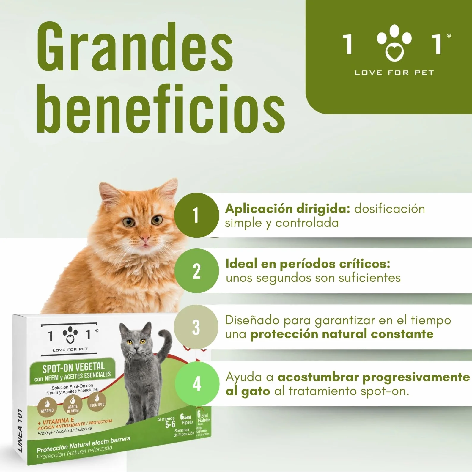 Pipetas Antiparasitarias Gatos 6 de 0,5ml Aantipulgas Gato contra Garrapatas y Mosquitos, Neem y Aceites Esenciales, Larga Duración