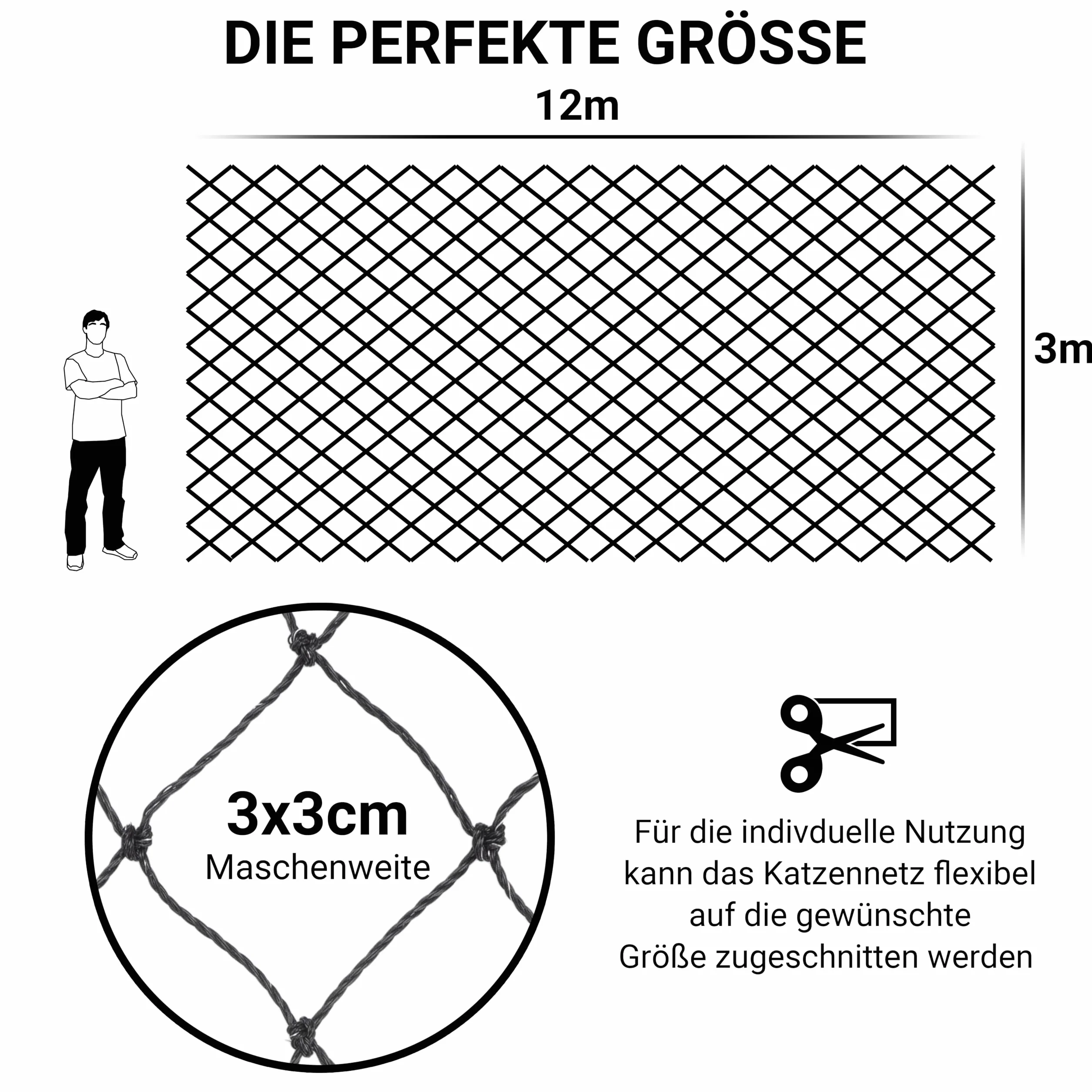 Red para gatos para balcón, alambre reforzado, 12 x 3 m, incluye material de fijación, red de protección para gatos, red de seguridad, red de balcón, red para gatos, sin agujeros