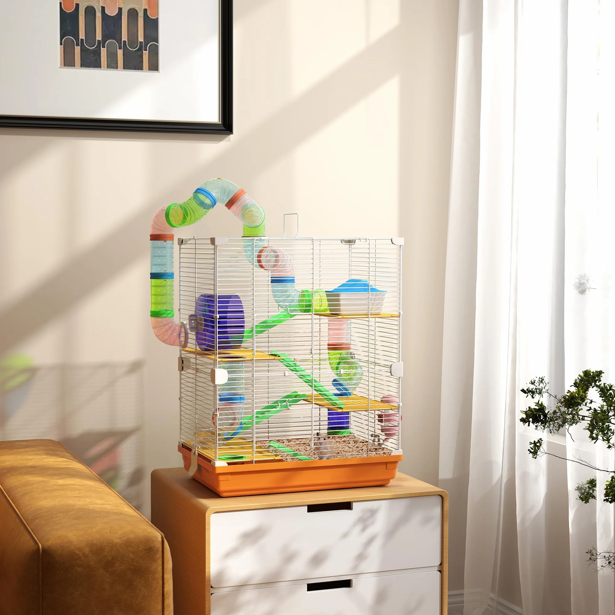 PawHut Jaula para Hámster de 5 Niveles, Casa para Roedores Pequeños con Túnel, Plataformas, Cuenco, Bebedero, Casita, Rampas y Rueda de Ejercicio, para Jerbos, 46x30x58 cm, Naranja