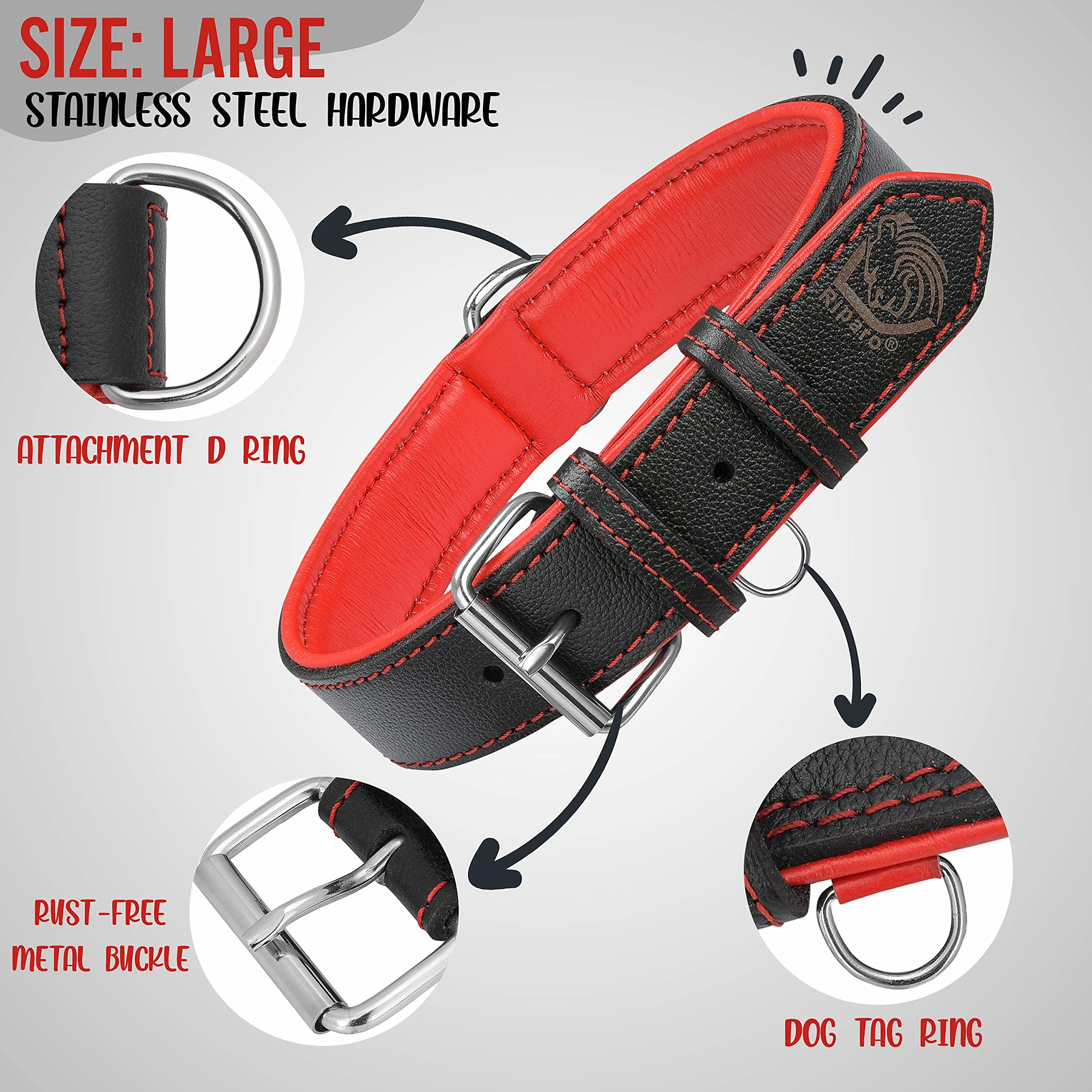 Riparo K-9 - Collar ajustable de piel auténtica acolchada para perro