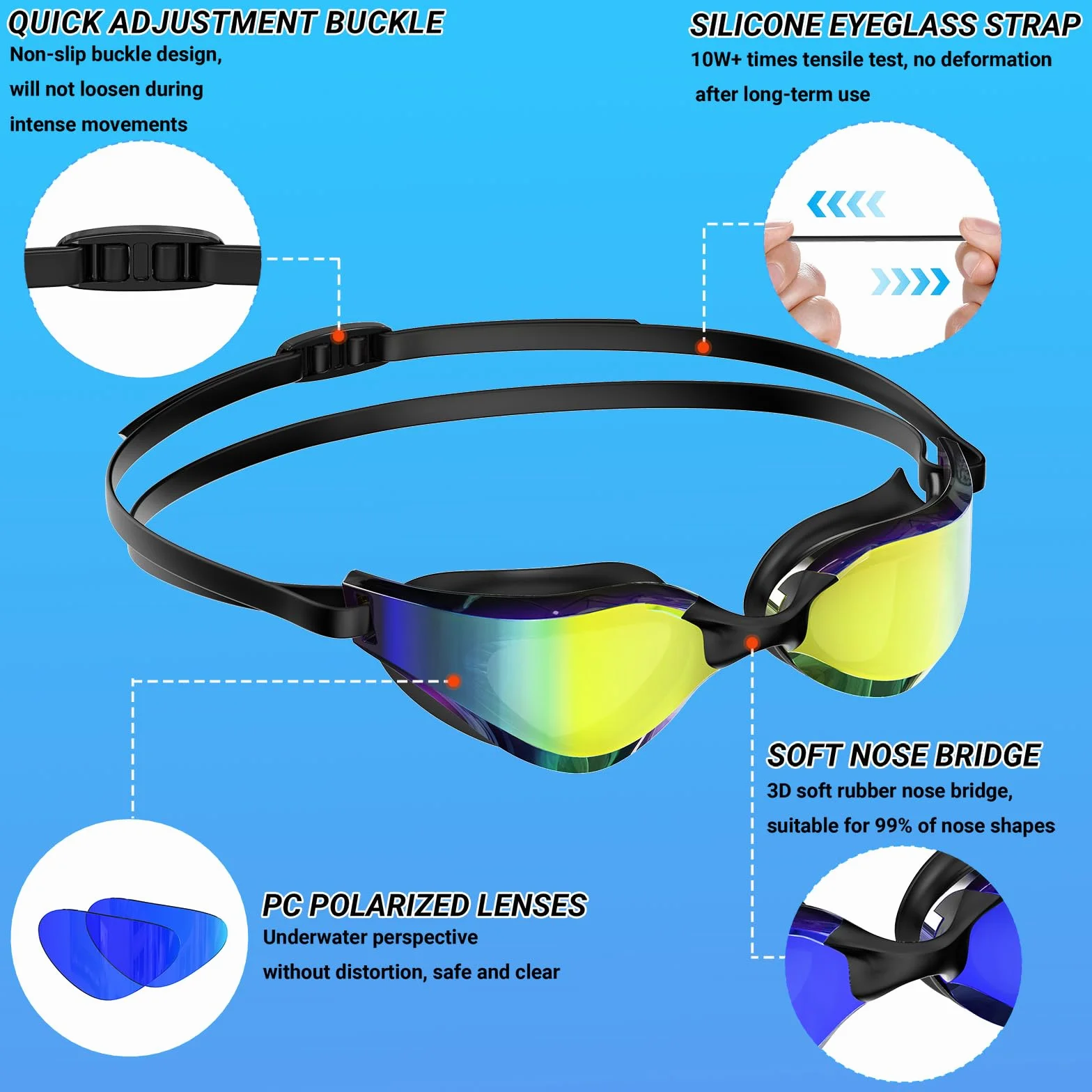 Gafas Natación Polarizadas Antivaho UV400 Correa Silicona Ajustable Profesional Adultos Adolescentes Deportes Acuáticos