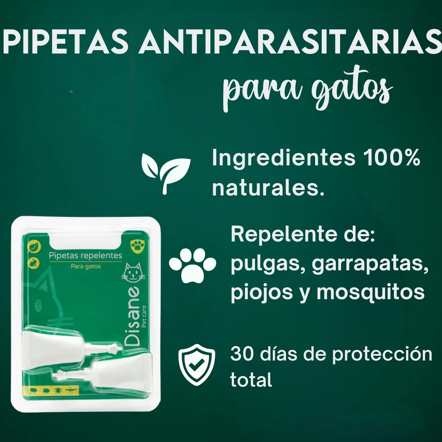 DISANE Pipetas Antiparasitarias para Gatos 100% Naturales | 2 Uds | 2 Meses de Protección contra Insectos y Parásitos: Pulgas, Garrapatas y Mosquitos | Antipulgas Sin Toxicidad para el Gato