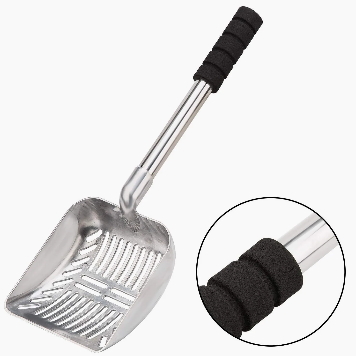 Pala de arena de metal para gatos, pala profunda de acero inoxidable, tamiz antiadherente, agarre acolchado de espuma para uso intensivo