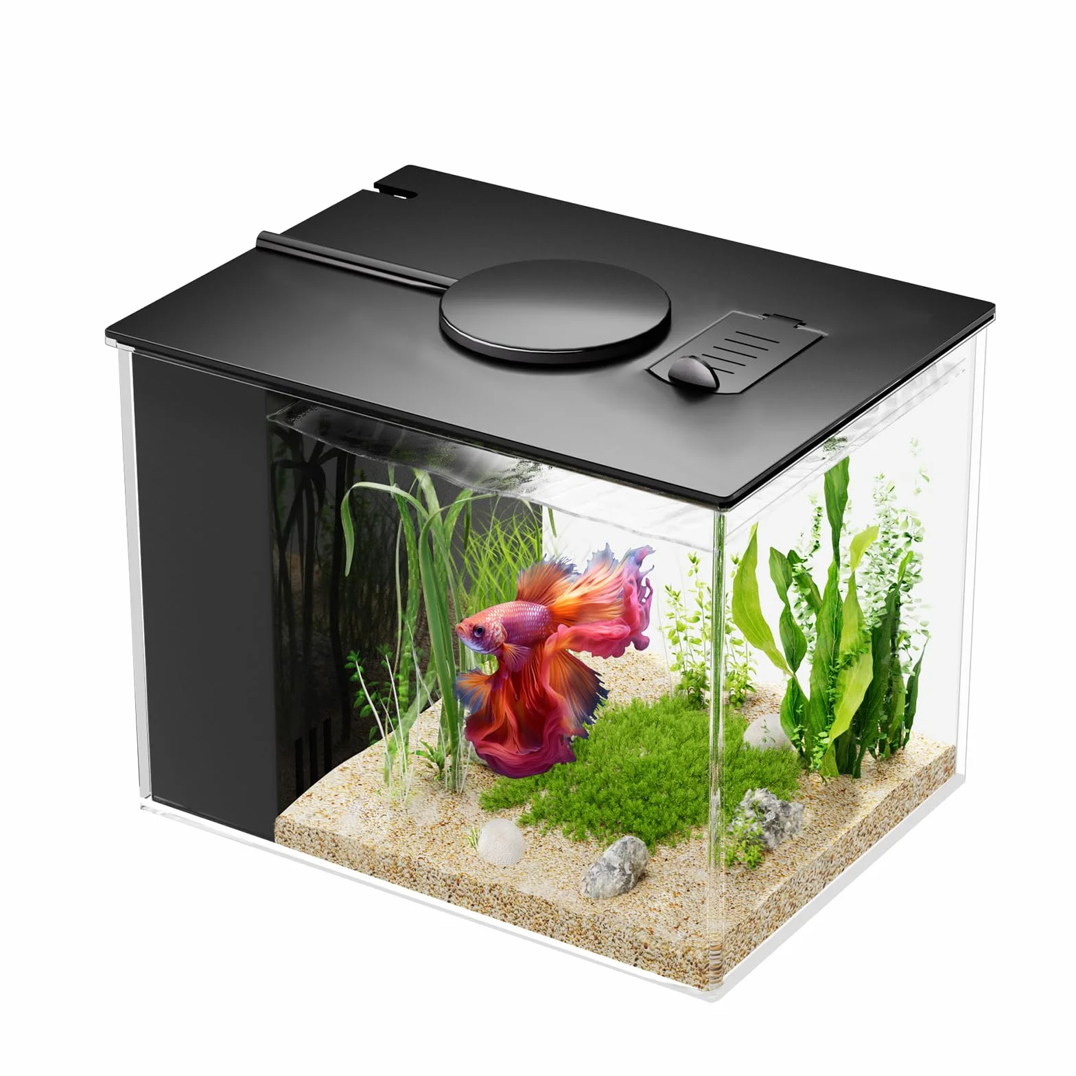 Vehipa 3,7L Acuarios pez Beta Completas, Pequeña Acuario de Acrílico con Bomba de Filtro de Agua y Luz LED, Ideal para Peces Pequeños, Gambas y Plantas (Negro)