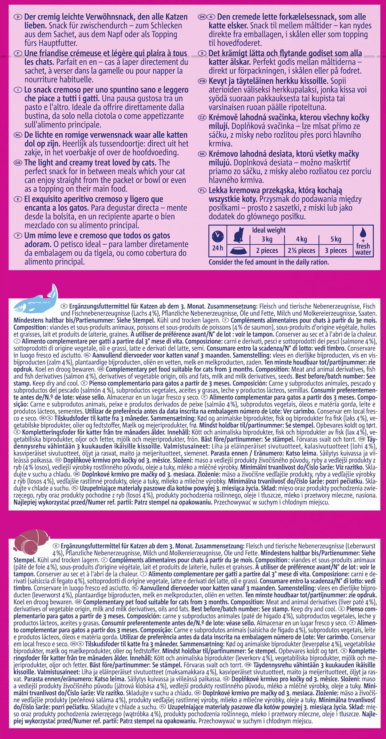 Vitakraft Liquid Snack, golosina para gatos, snack cremoso para gatos, con salchicha de hígado y biotina, con salmón y omega 3, en bolsitas individuales, 1 paquete de almacenamiento (16x 15g)