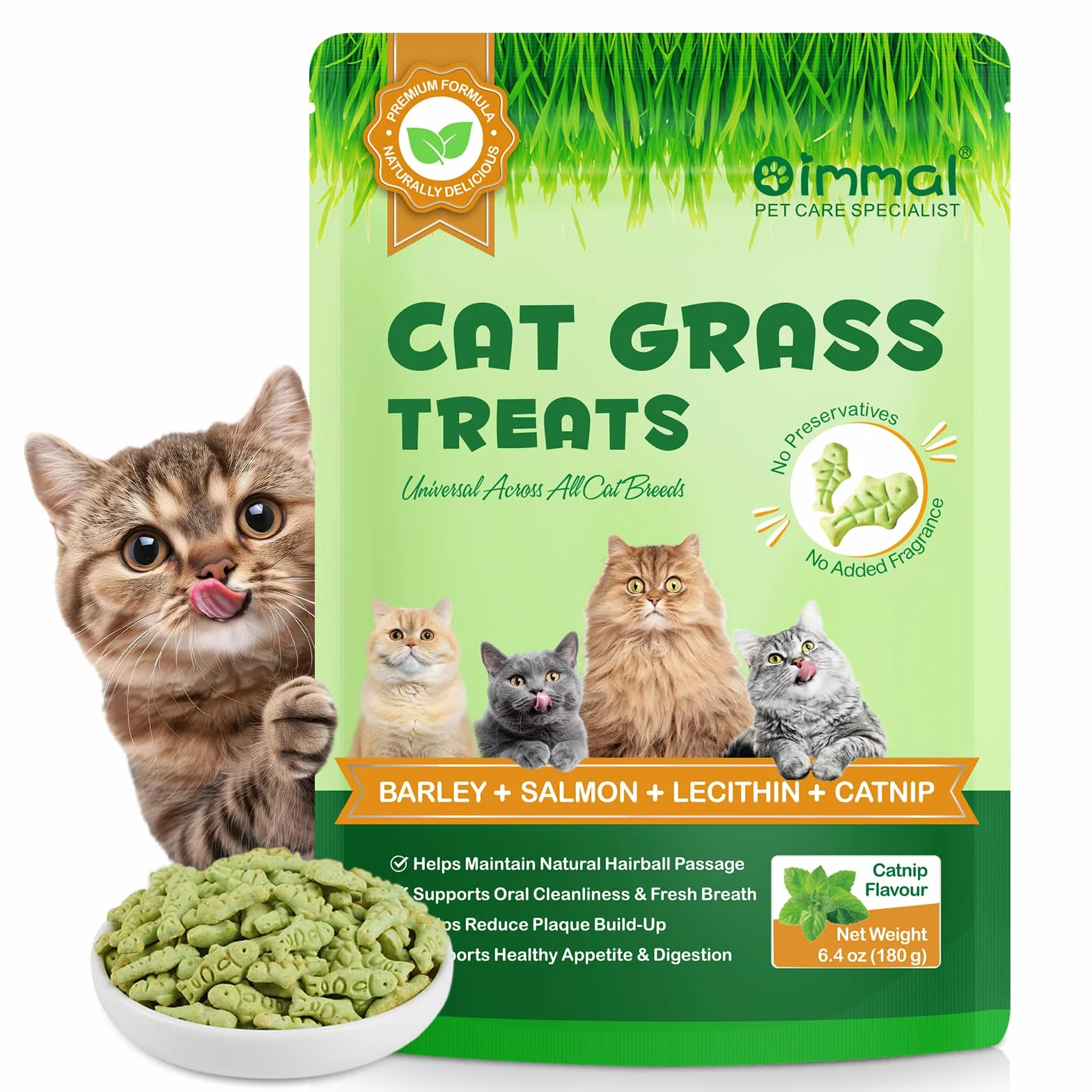 Golosinas de Hierba para Gatos 180g, Golosinas con Catnip para Gatos - Snacks para Ayuda con las Bolas de Pelo y Cuidado Dental, Fibra Natural para la Digestión, Textura Crujiente para Limpieza Dental