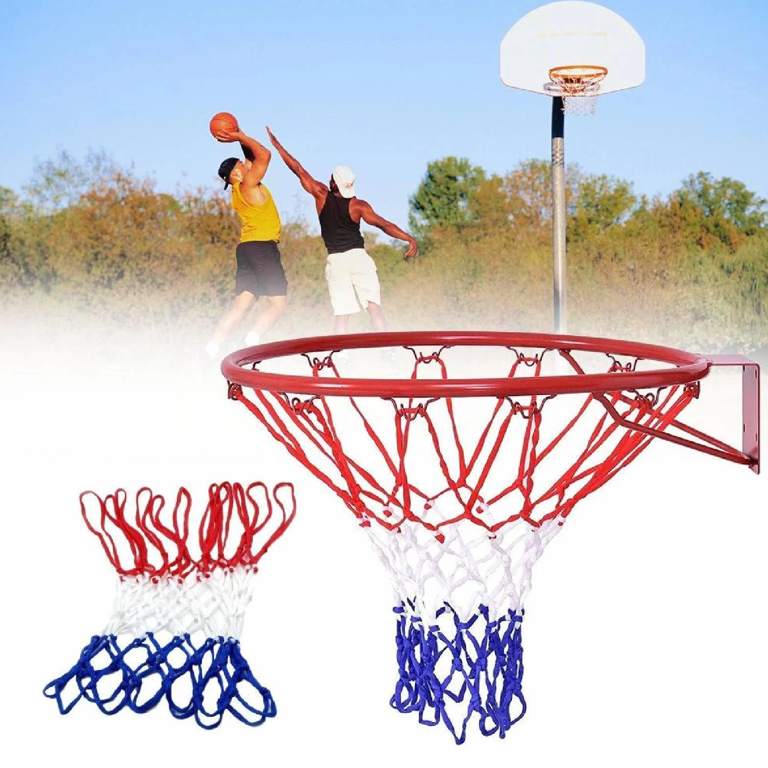 Red de repuesto para canasta de baloncesto de nailon trenzado tricolor rojo/blanco/azul, 12 pasadores
