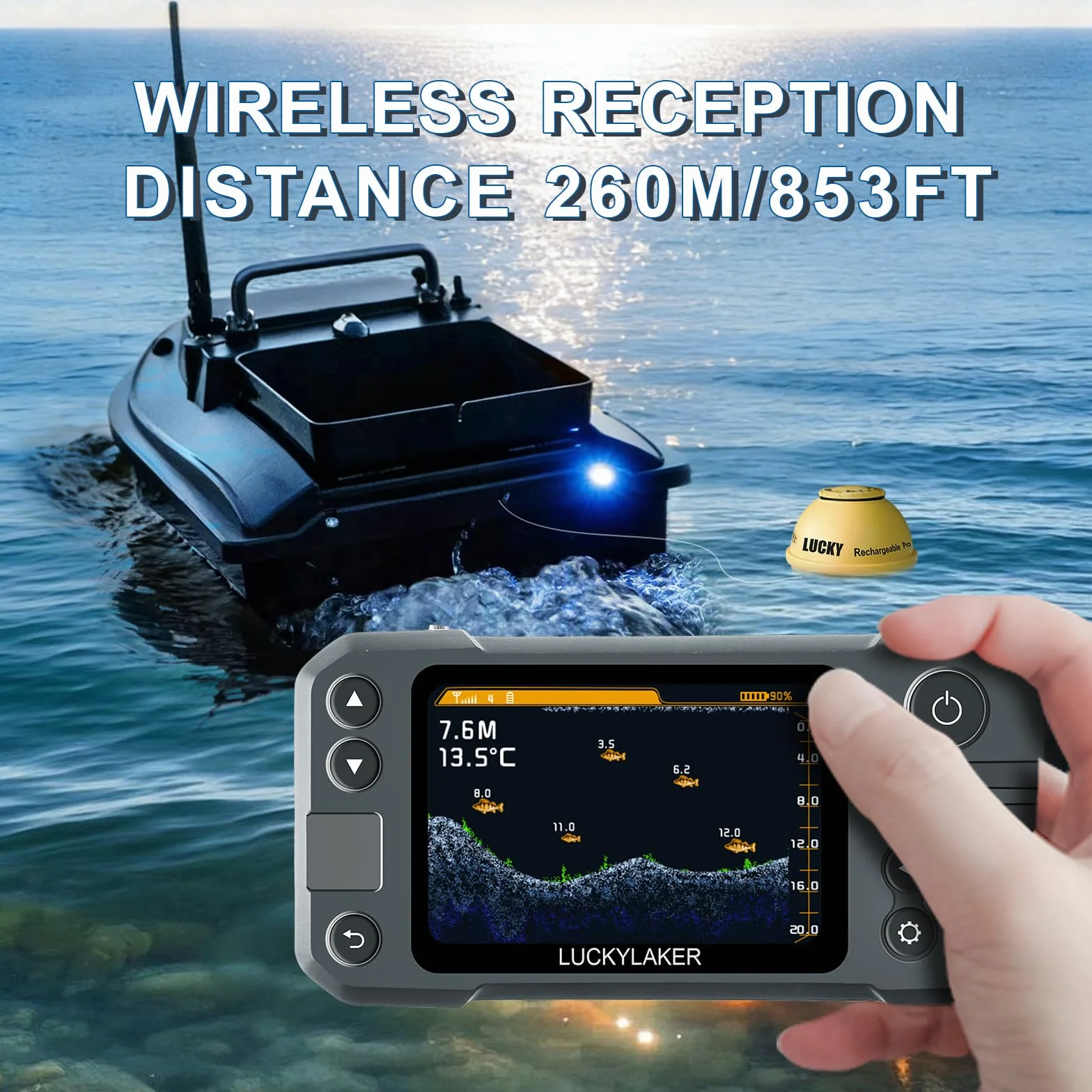 LUCKY Transductor Portátil Detector de Peces Sonar Inalámbrico MT-202 Para Kayak Embarcaciones Pesca
