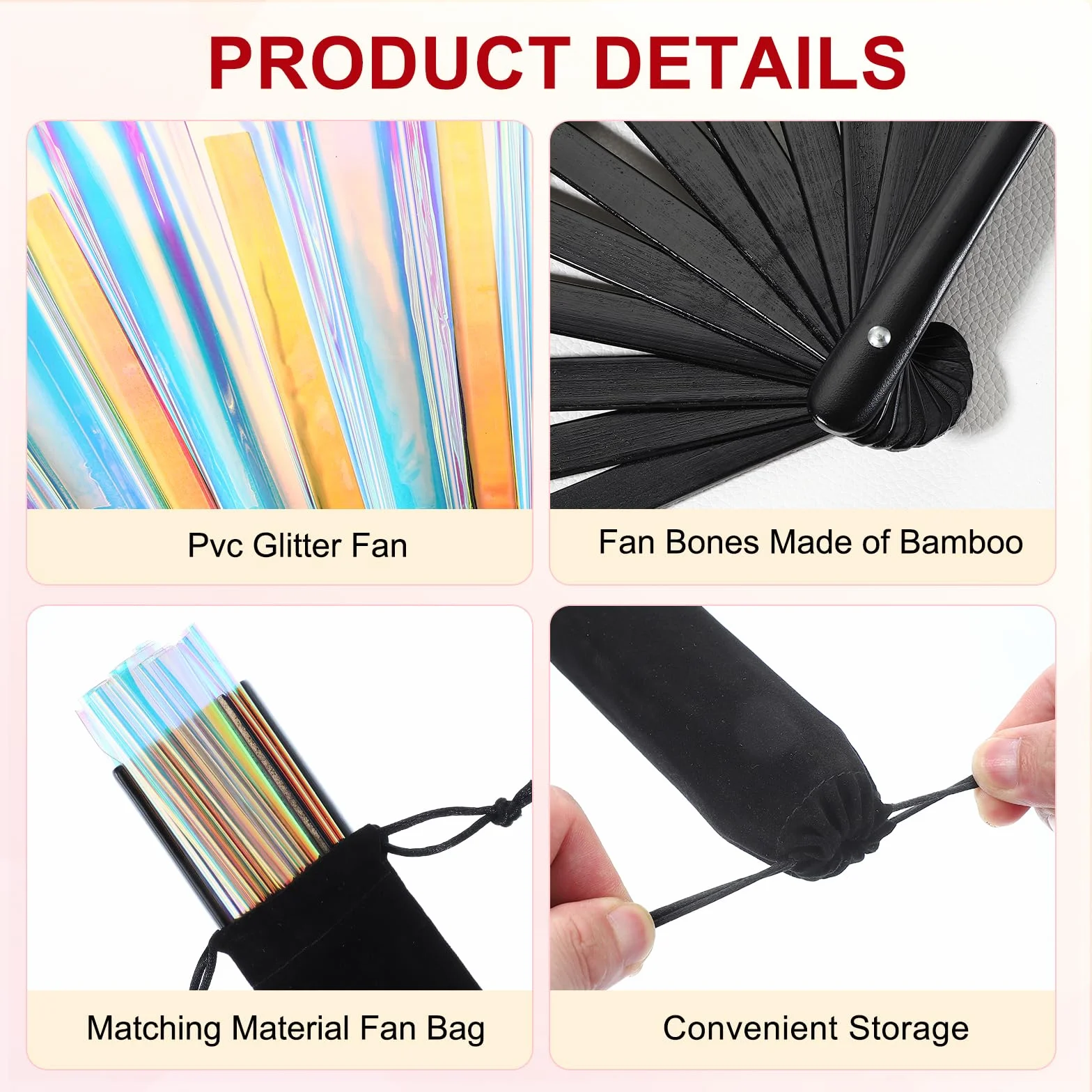 PATIKIL 13" Abanico De Purpurina Clack Rave con Bolsa, Soporte Grande Plegable para Abanico De Mano, Festival EDM