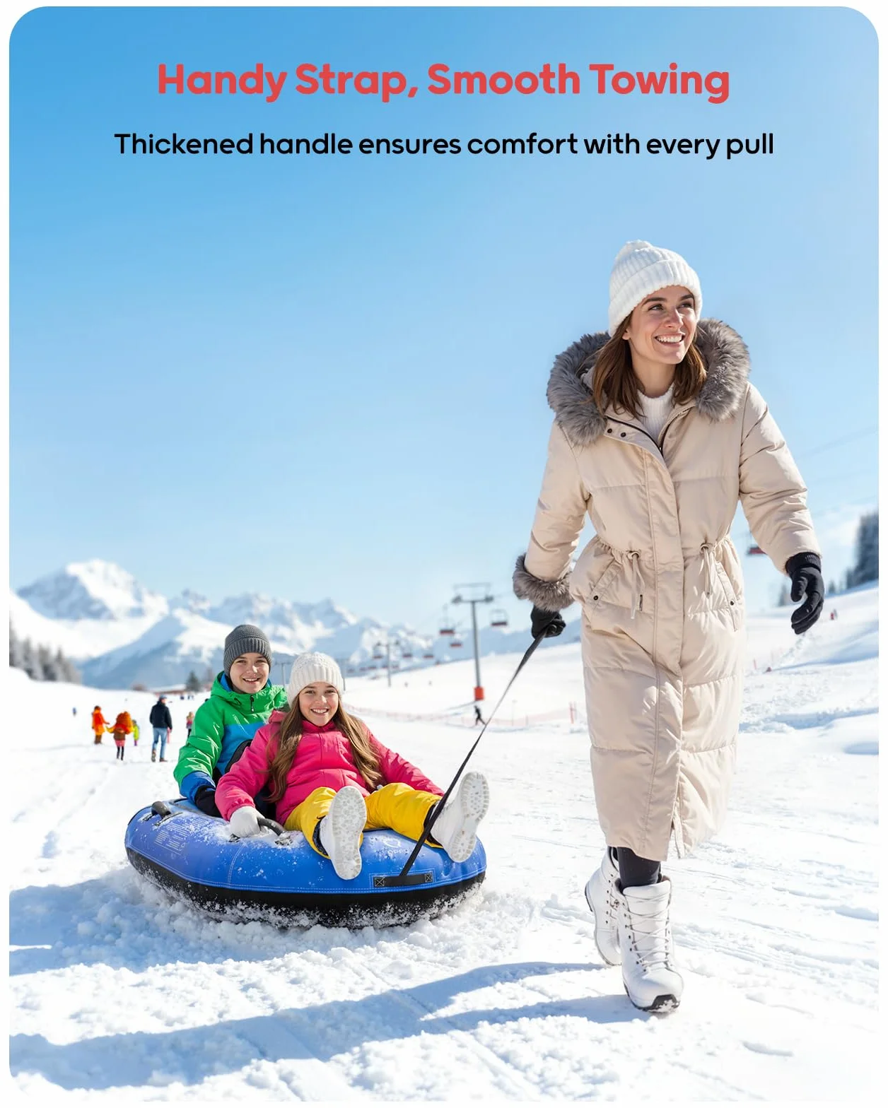 Neumático de nieve inflable para niños y adultos con dos respaldos y cuerda de tracción, asas, válvulas de soplado rápido (azul)