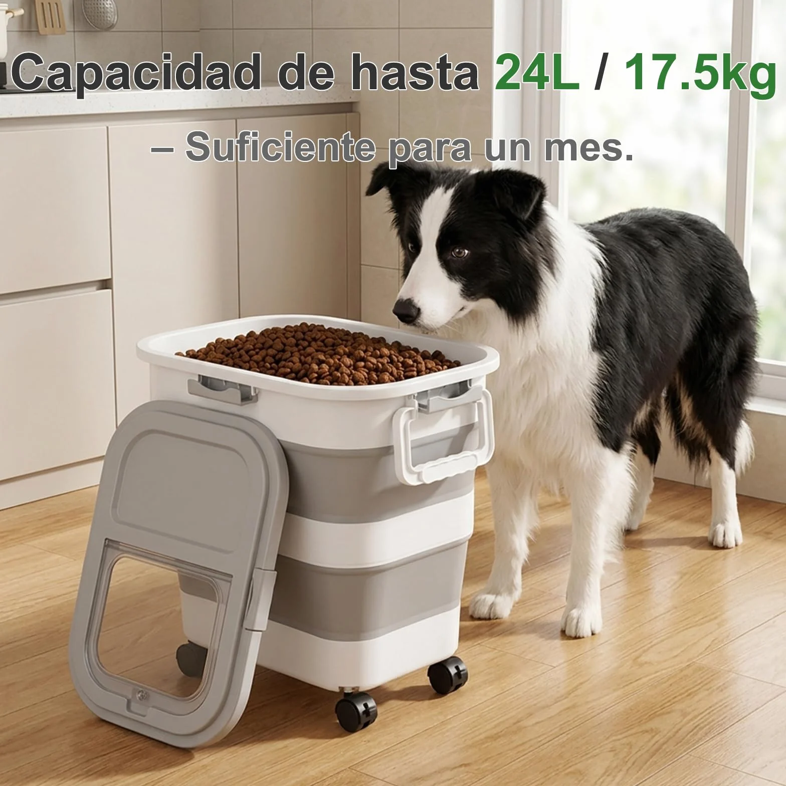 FUSHITON Gran Contenedor de Comida para Perros Plegable con Ruedas 24L/17,5kg – Recipiente Hermético para Pienso con Clip y Junta de Silicona, Incl. Pala + Taza Medidora 1000ml, Plegable Gris