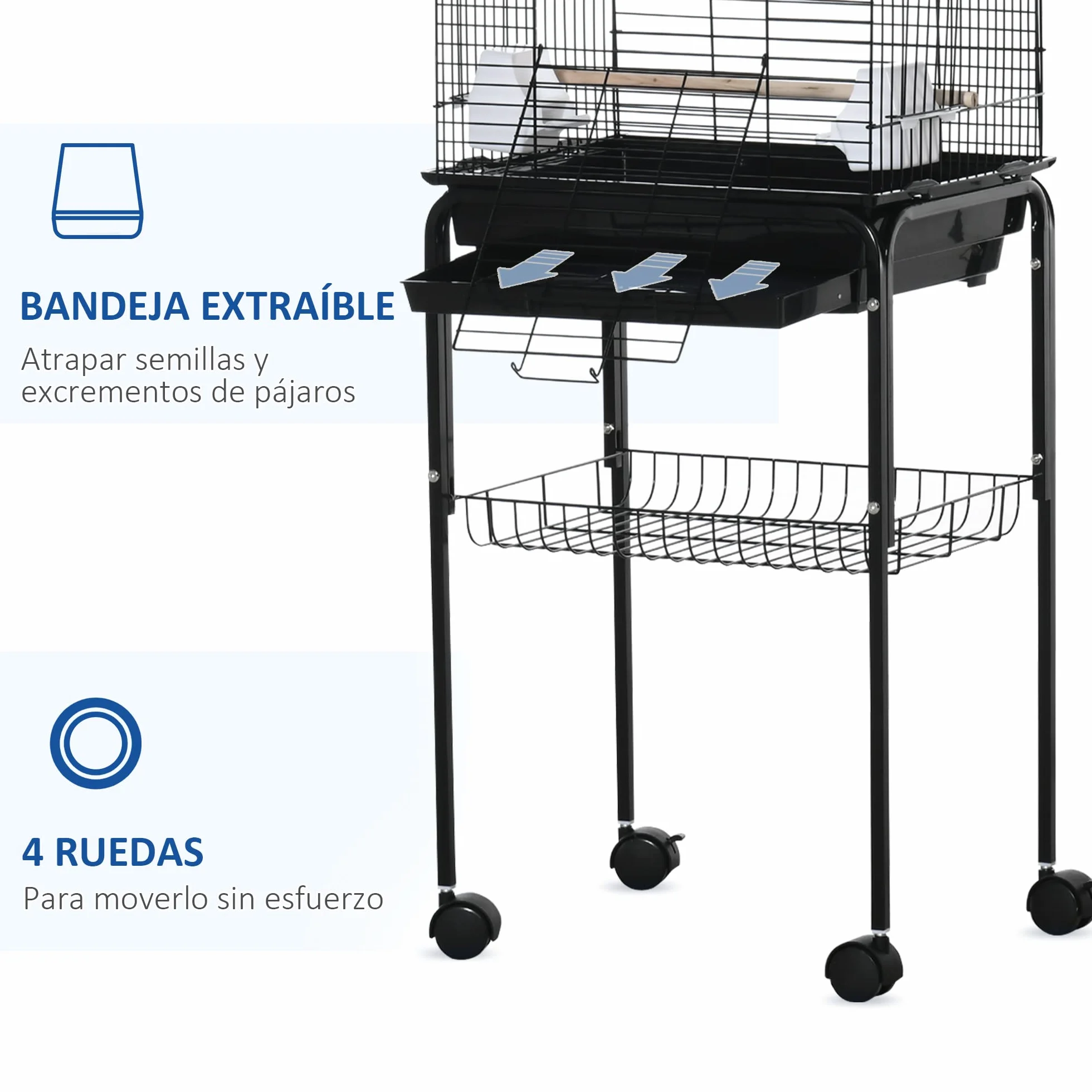 PawHut Jaula para Pájaros con Soporte Jaula de Aves Canarios con 4 Ruedas Techo Abrible 2 Comederos 3 Perchas Bandeja Extraíble y Estante Inferior 46x36x130 cm Negro