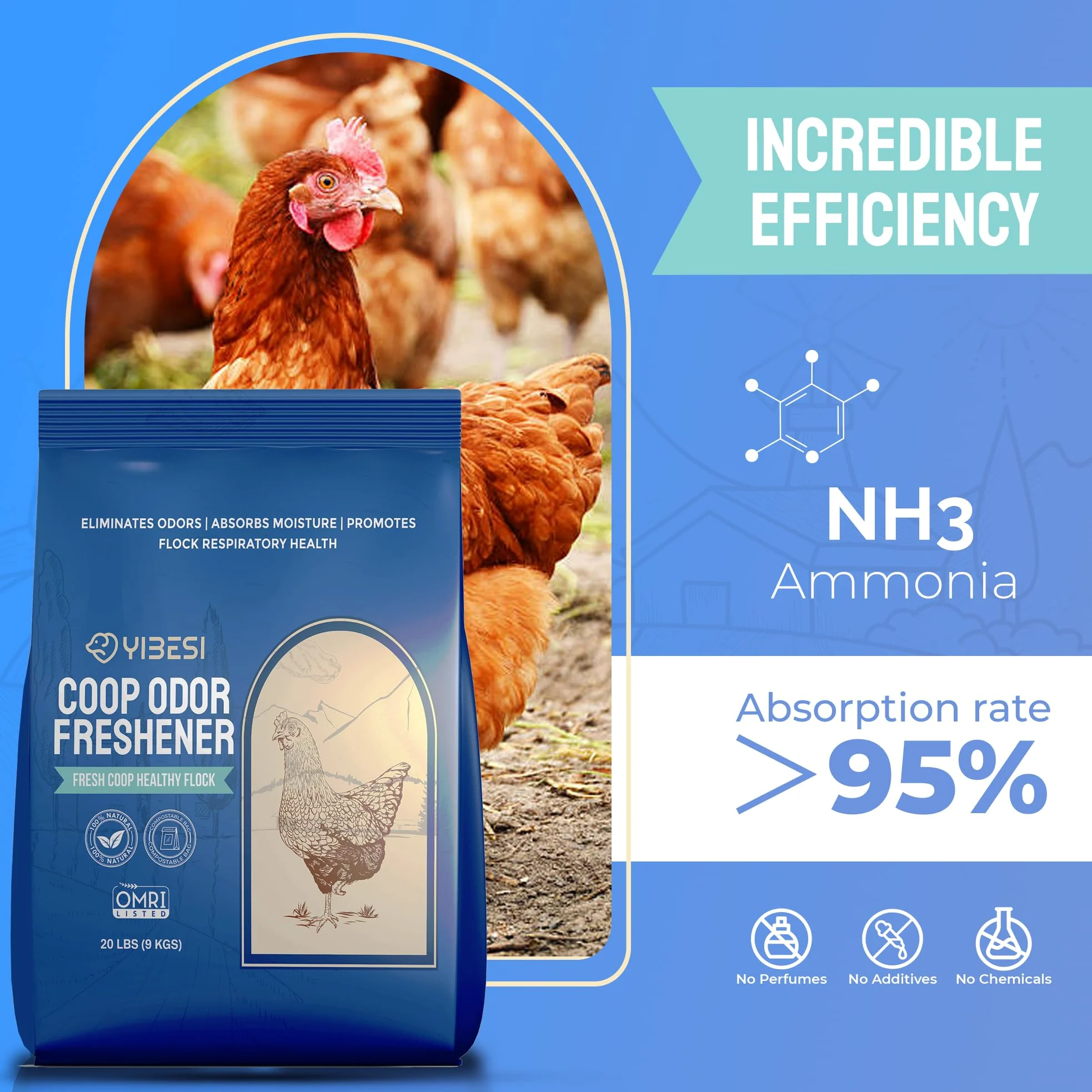 Desodorante de gallinero de 20 libras, removedor de olores de zeolita y absorbente de humedad, refrescante, control de olores de ropa de cama, limpiador de gallineros, accesorios eliminadores