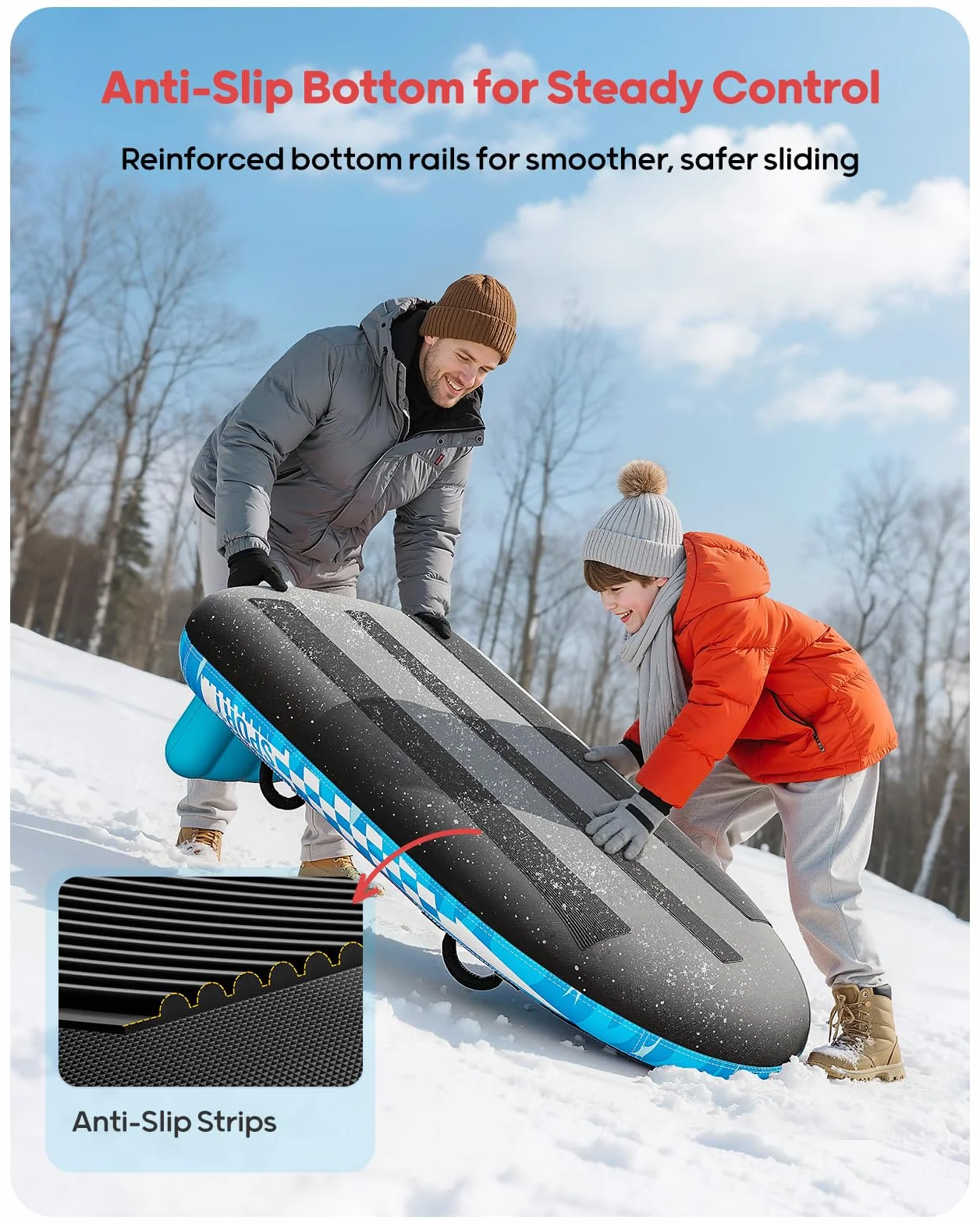 QPAU Trineo de nieve inflable para 2 personas con cubierta de lona, respaldo y asas reforzadas